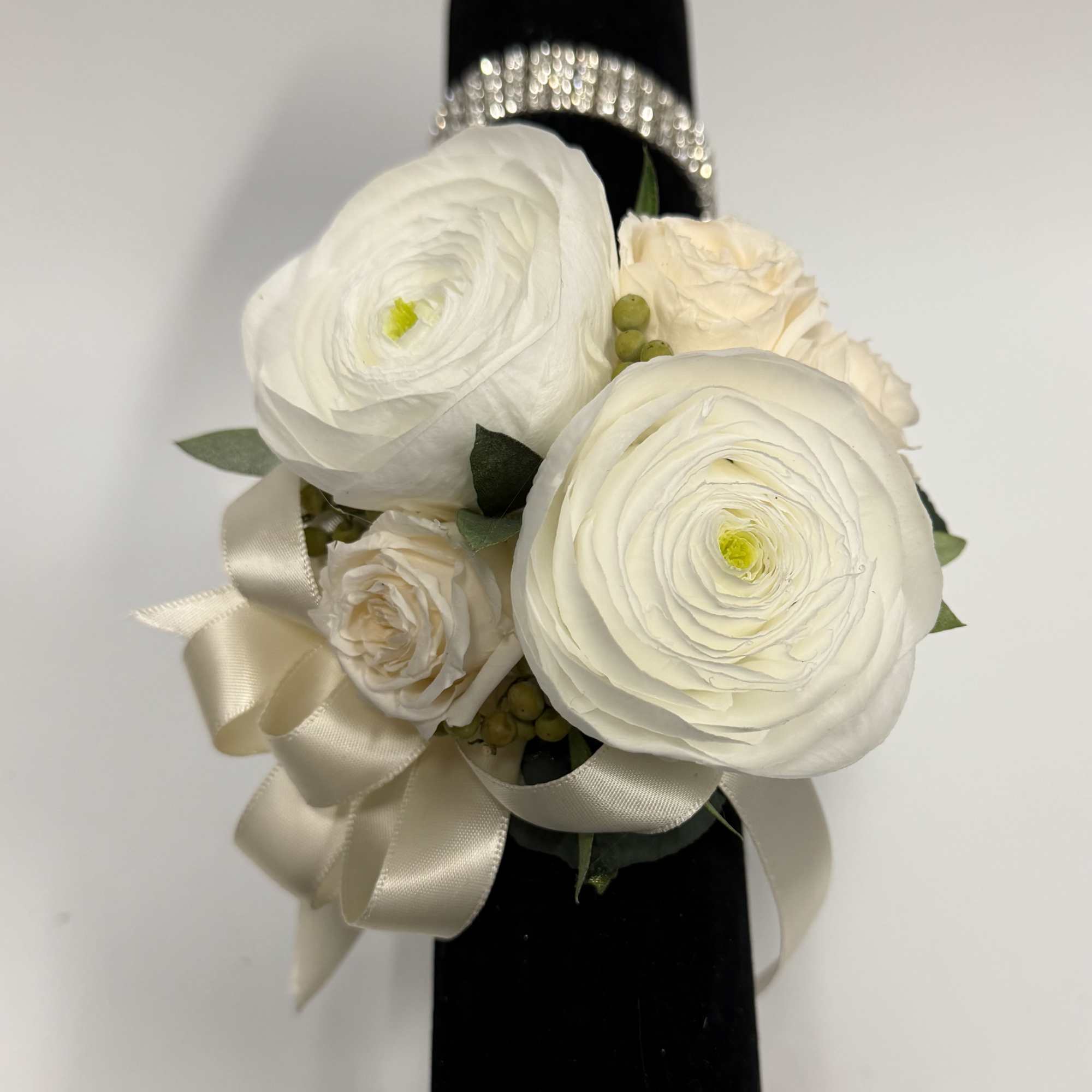 Rhinestone band wrist corsage with PRESERVED Cream Roses &amp; Ranunculus and greenery