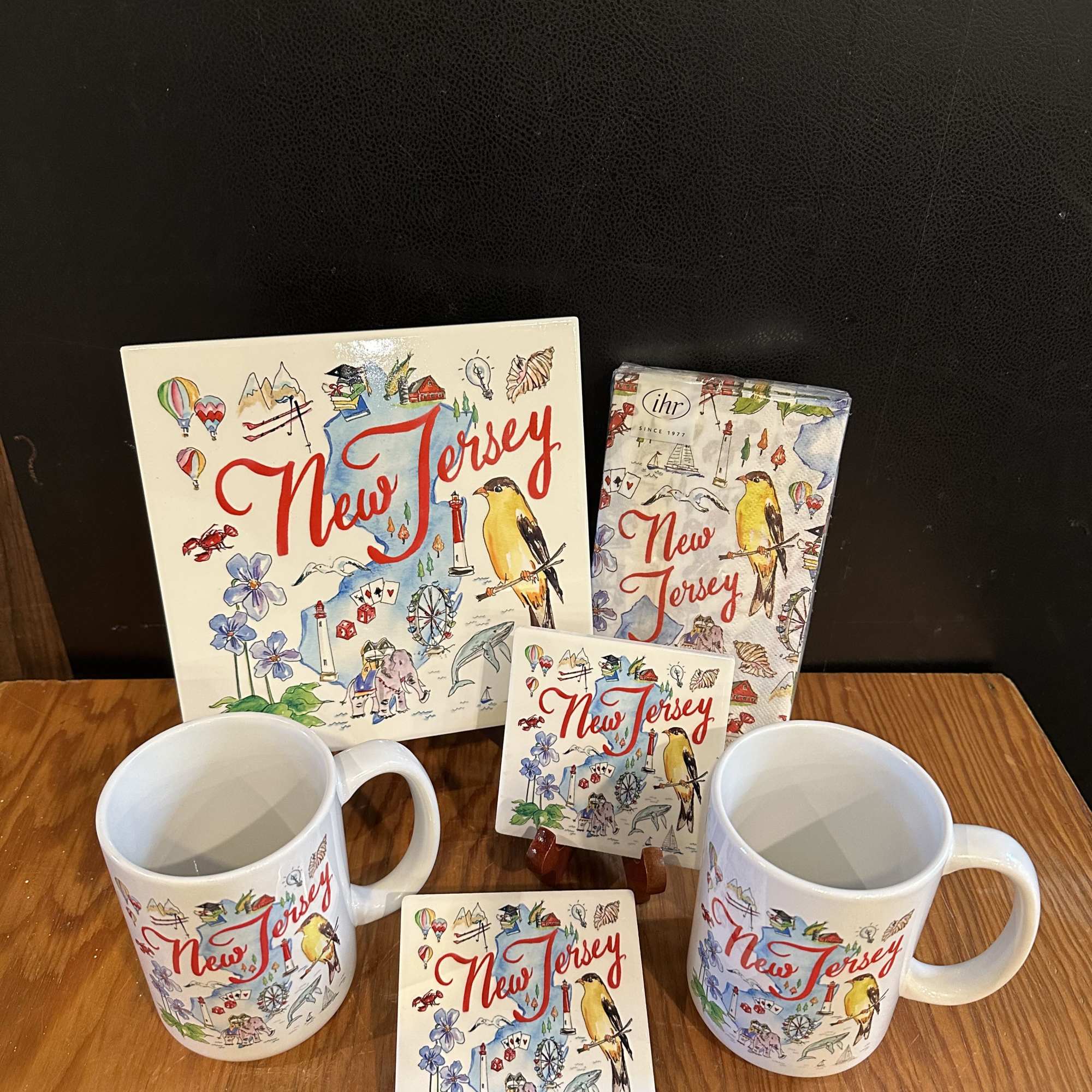 Includes 2 ceramic NJ mugs (15 oz), 2 NJ coasters, NJ trivet