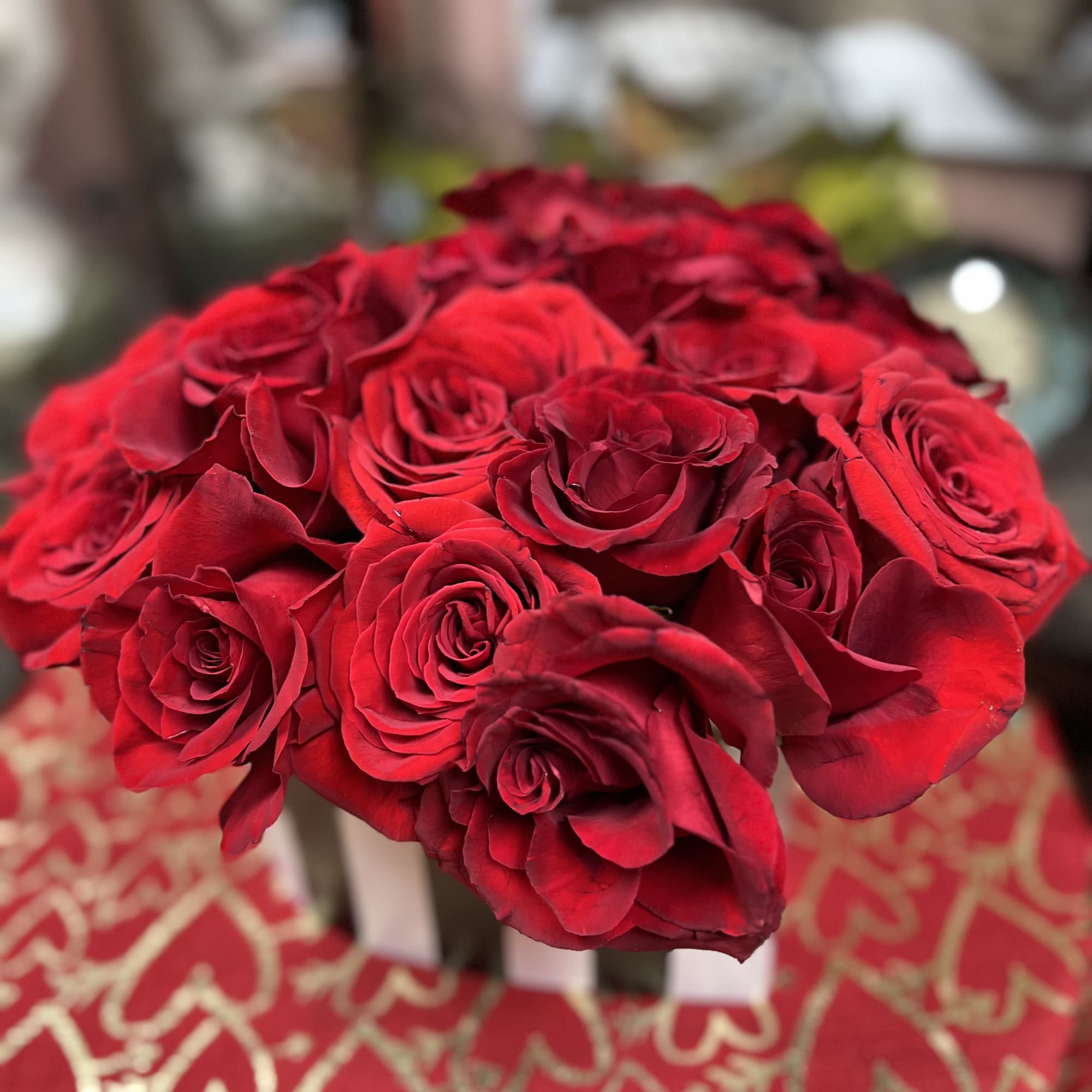 Heart Shaped Black and White Stipped Box with lid  Arrangement. Consist