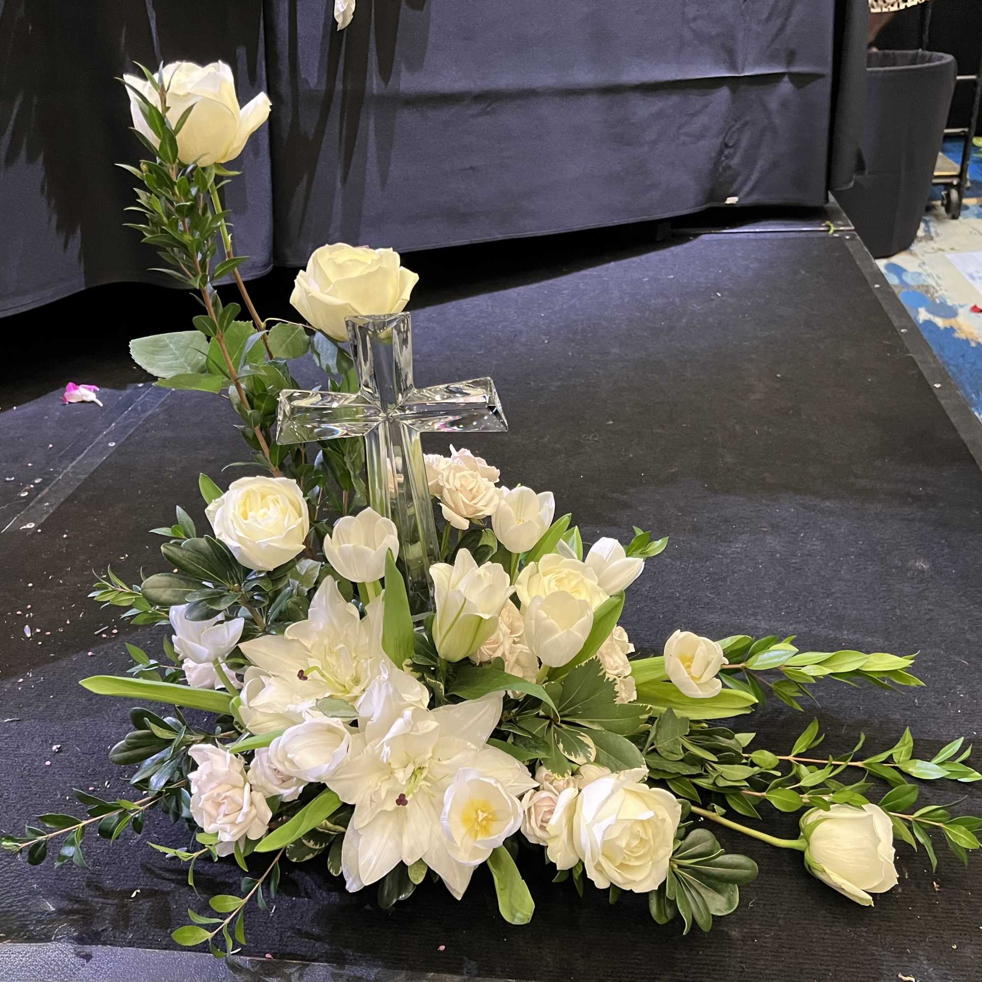 Our cherished thoughts Sympathy design is created with all white flowers in