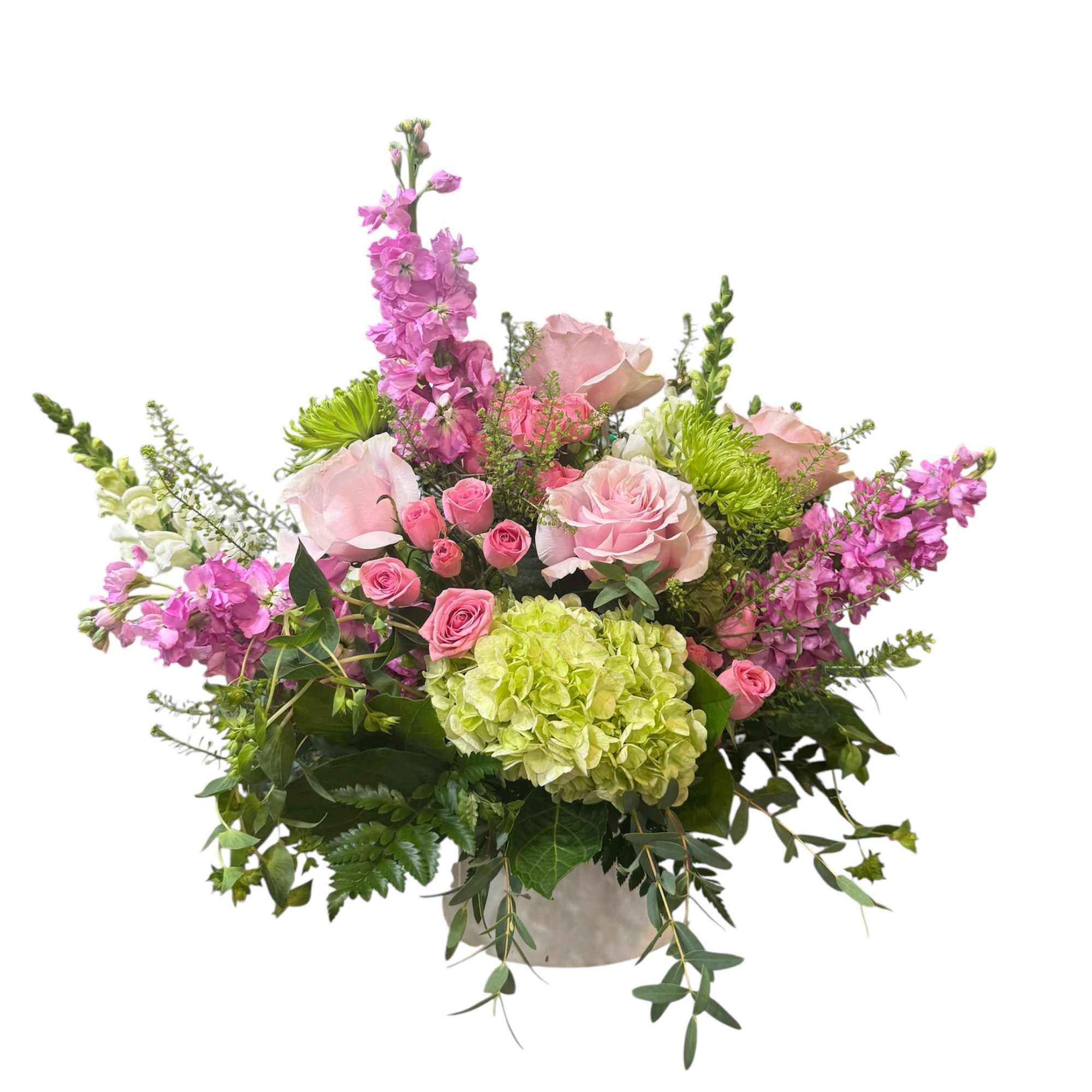 Roses, Hydranges,  spring flowers with greens in a Vase