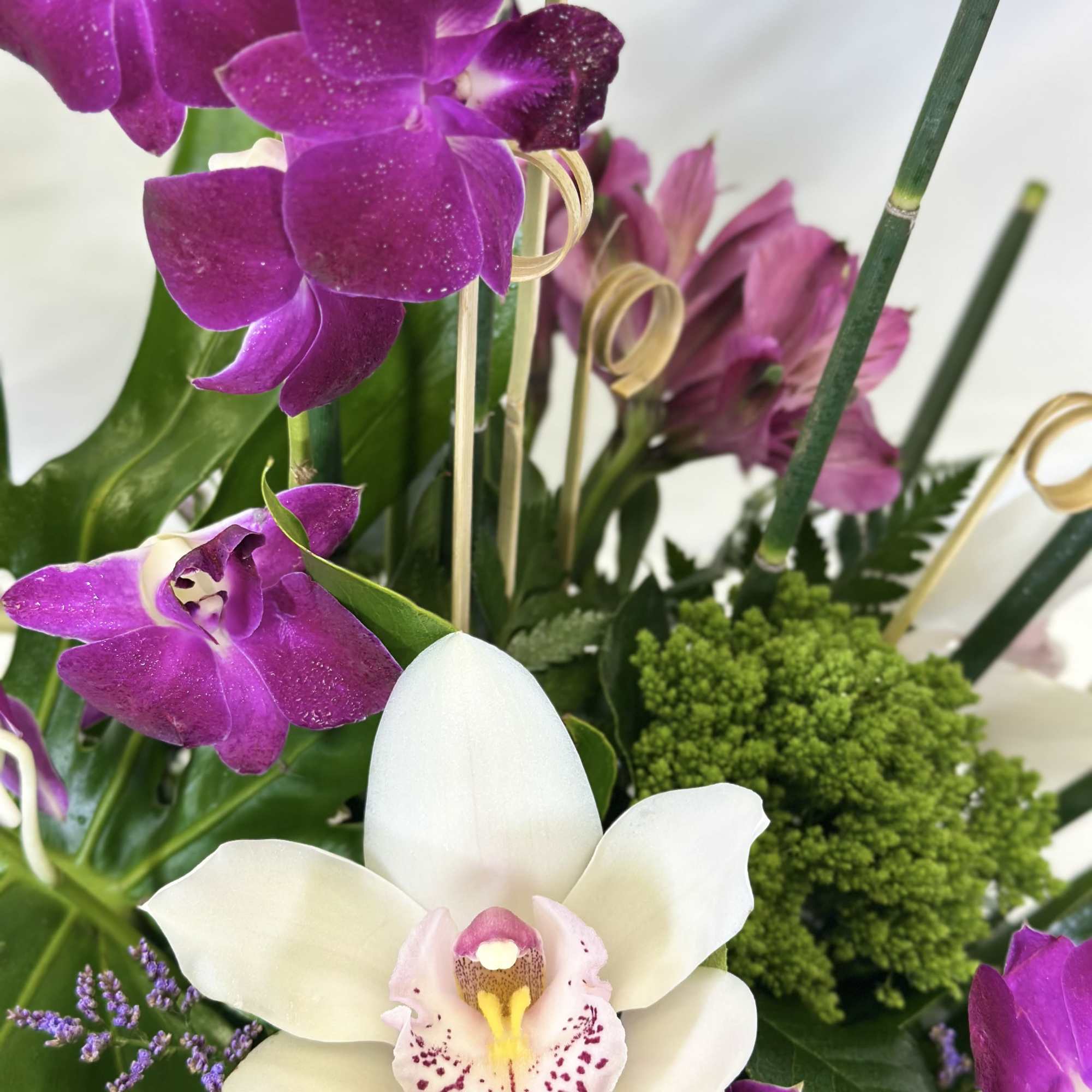 This is an absolutely stunning design featuring dendrobium and cymbidium orchids. The