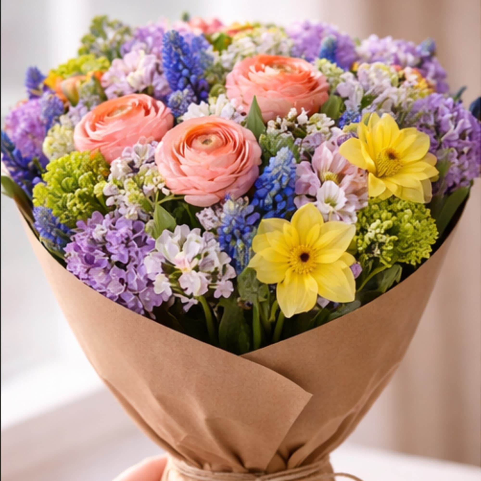 All of our bouquets are hand-tied using the freshest seasonal flowers available.