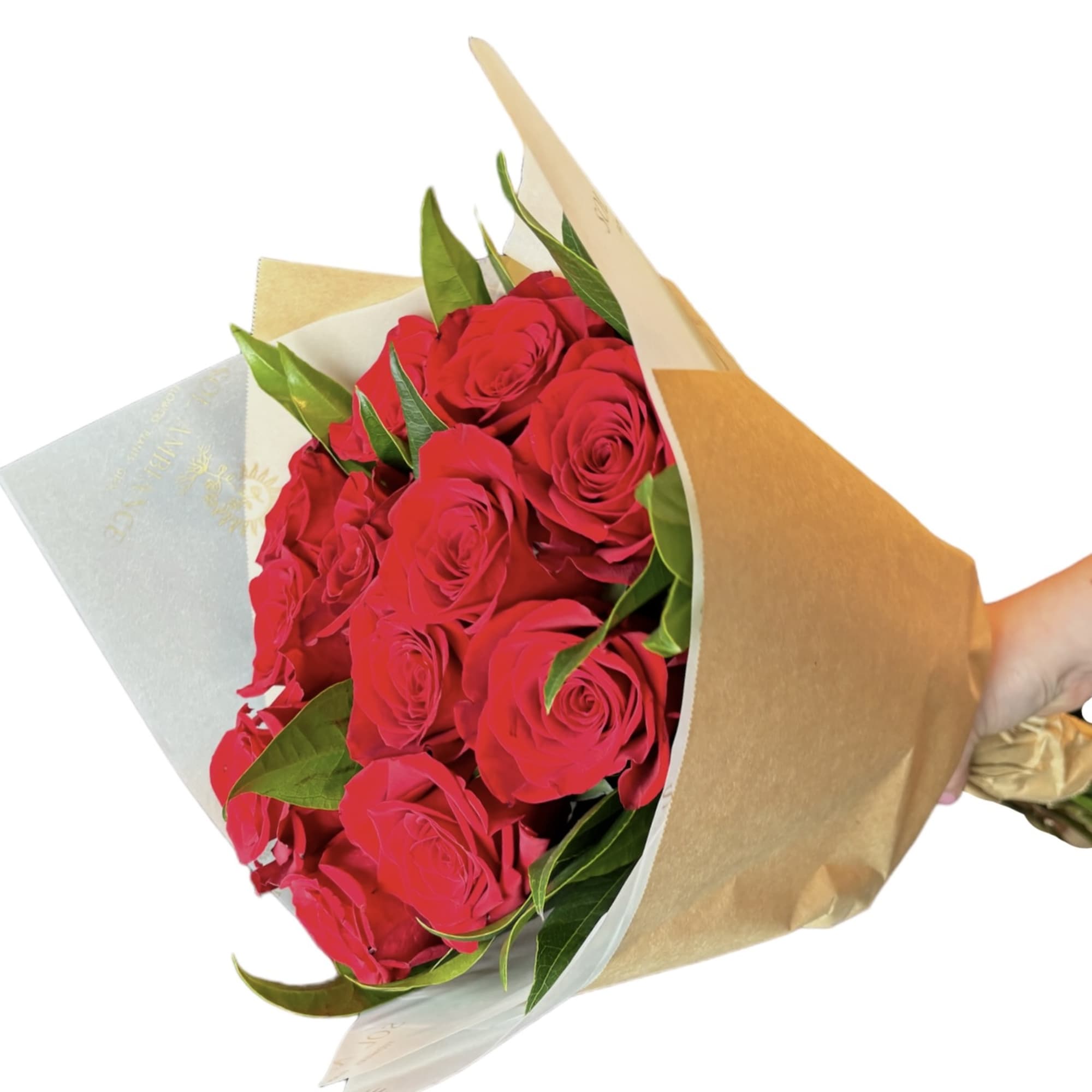 Bouquet of red roses wrapped in brown and white paper