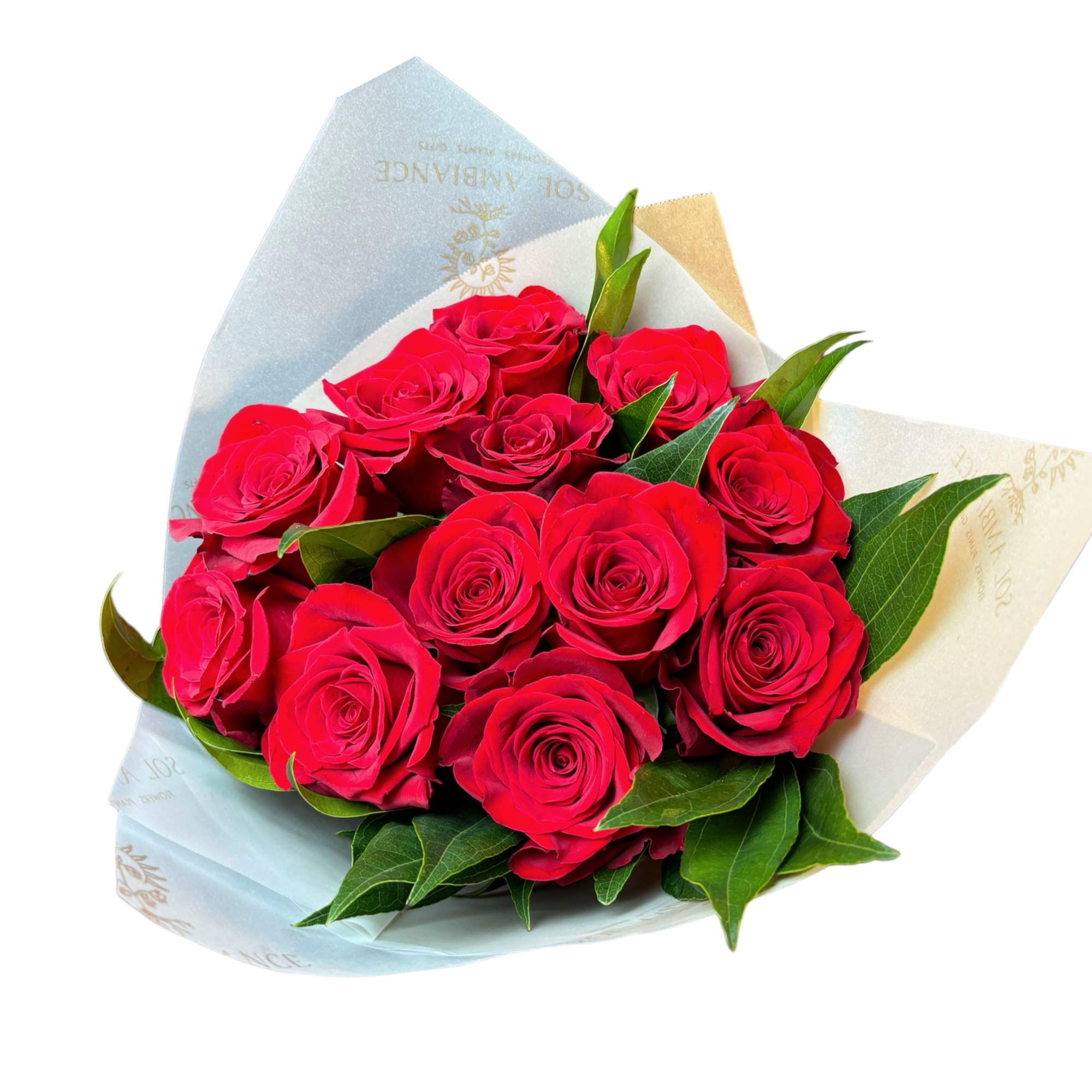 Bouquet of red roses wrapped in pale blue and cream paper