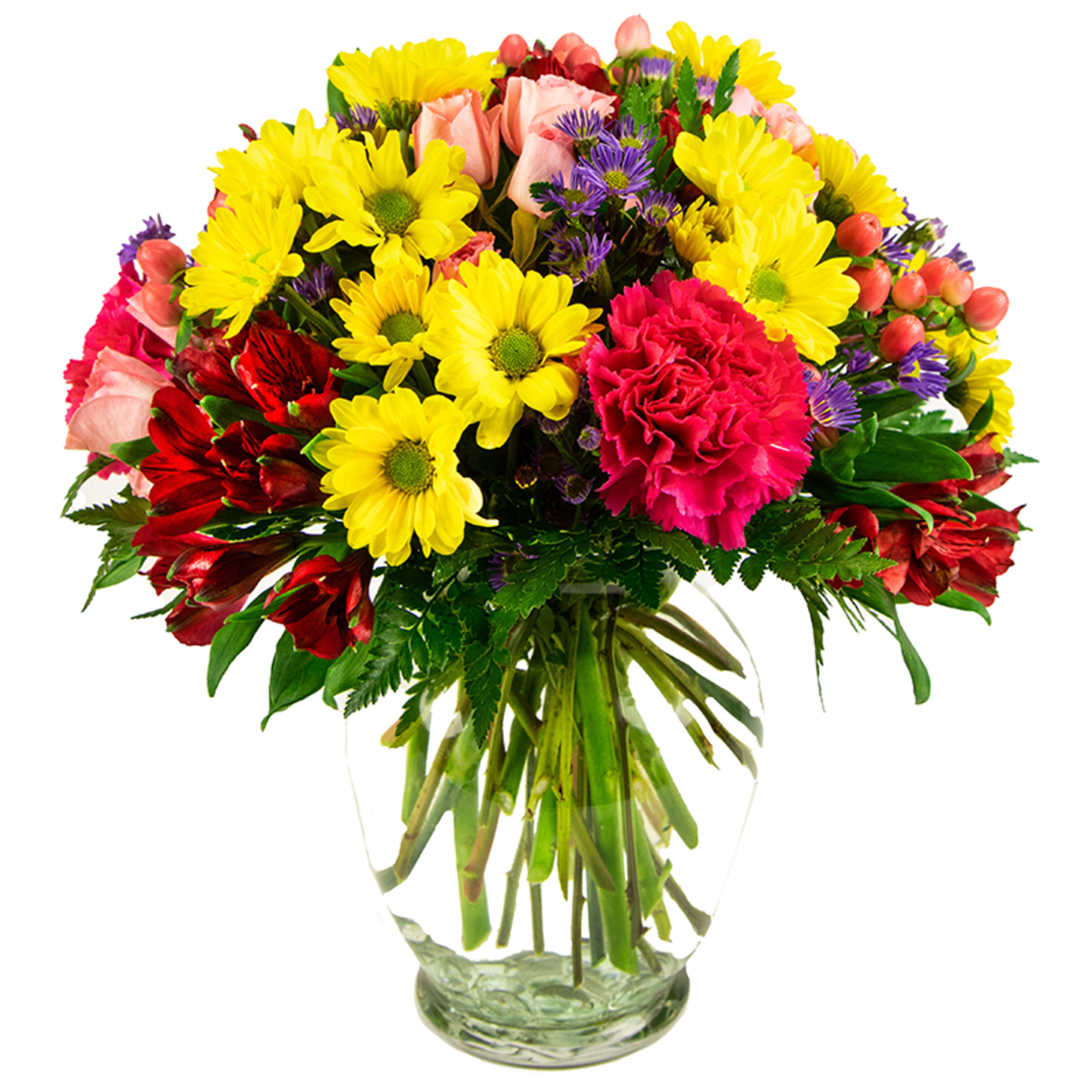 Mixed bouquet of yellow daisies, pink roses, red alstroemeria and purple asters in a clear glass vase