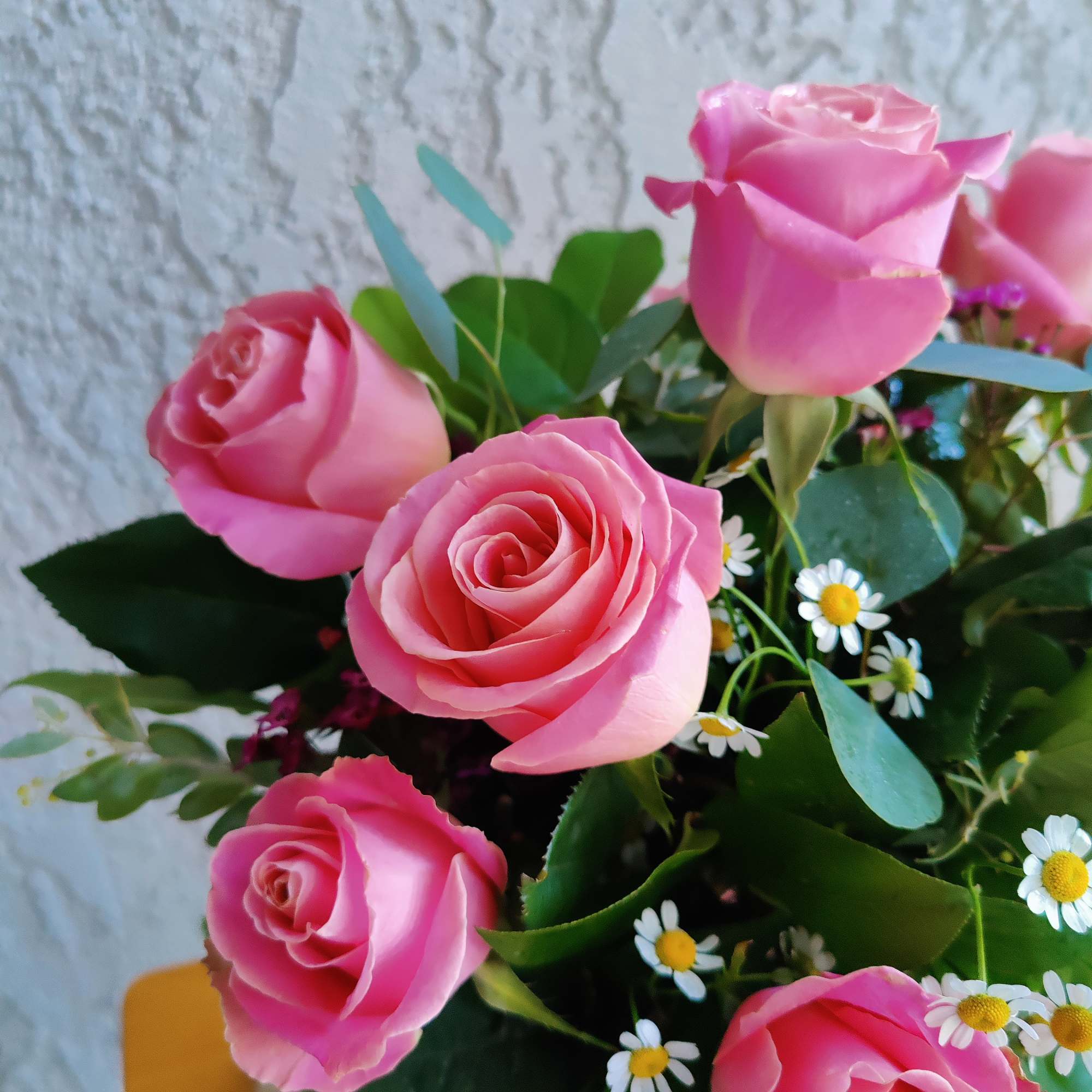 Beautiful arrangement crafted with Ecuadorian hermosa roses,  ornamental chamomile and seasonal