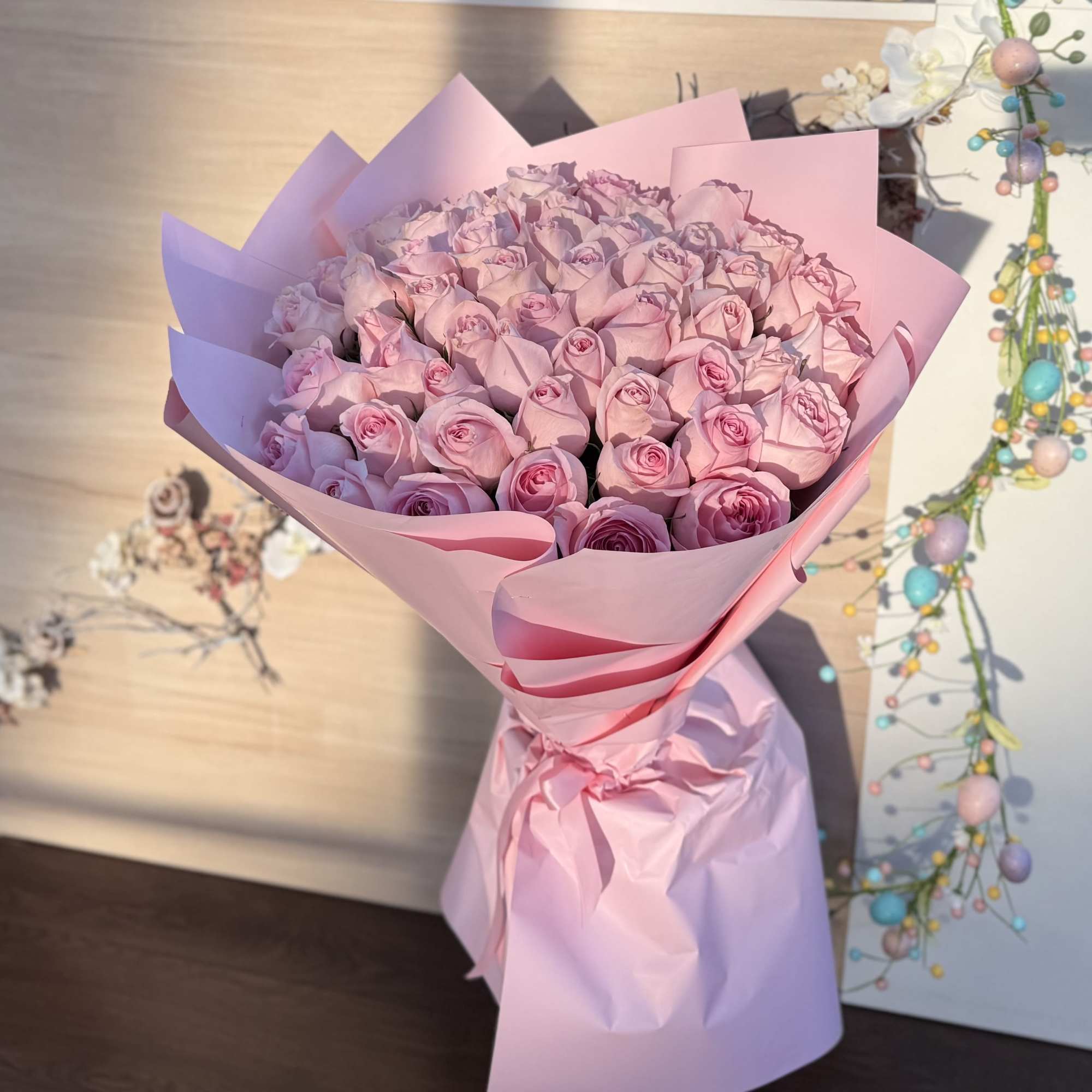 A delicate bouquet of pink roses, symbolizing grace, admiration, and gentle love.
