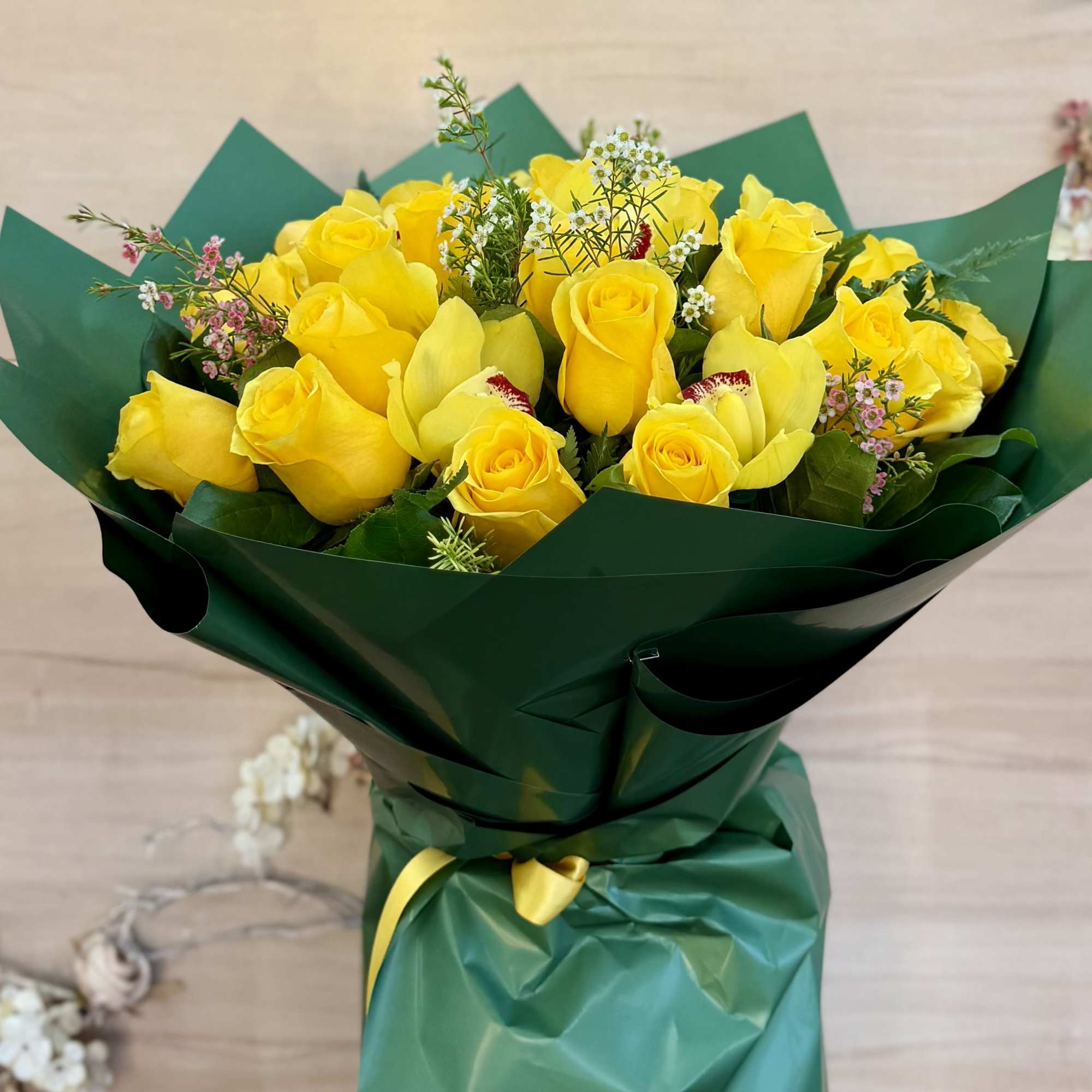 A radiant bouquet of yellow roses, symbolizing joy, friendship, and positive energy.