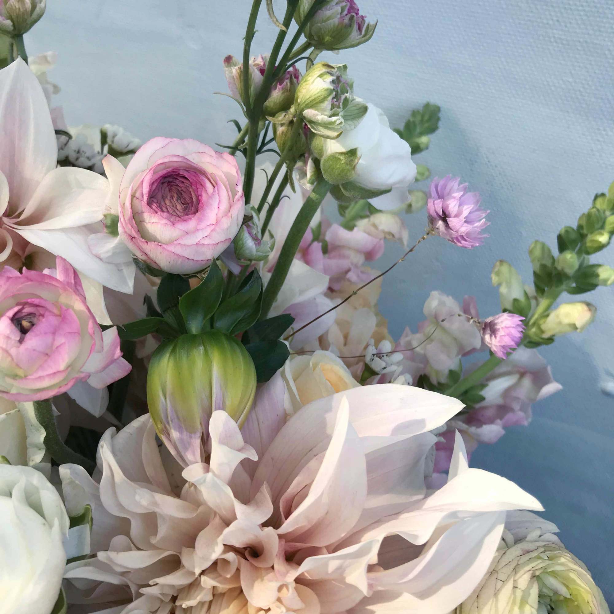 Extravagant yet bohemian large arrangement of powder pastel colors and feminine, soft