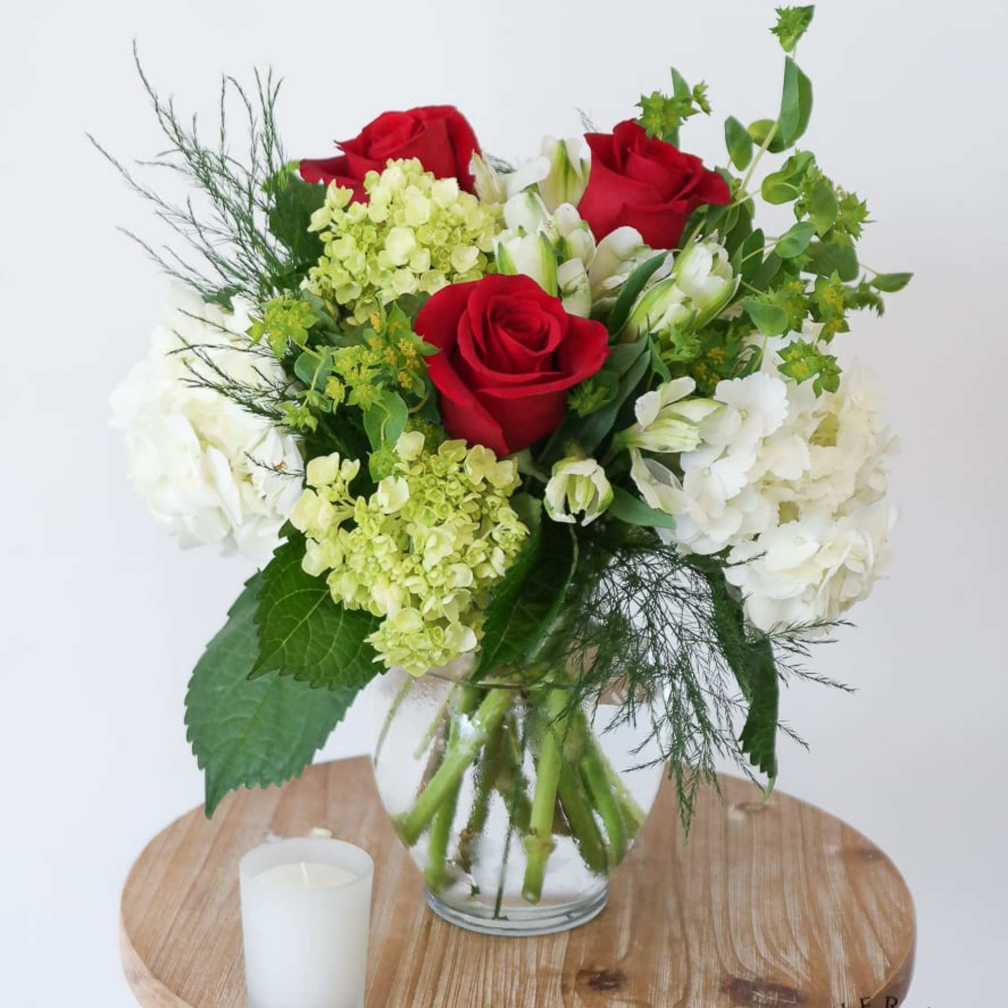 Our classic White &amp; Green Bouquet with a splash of Red! 

