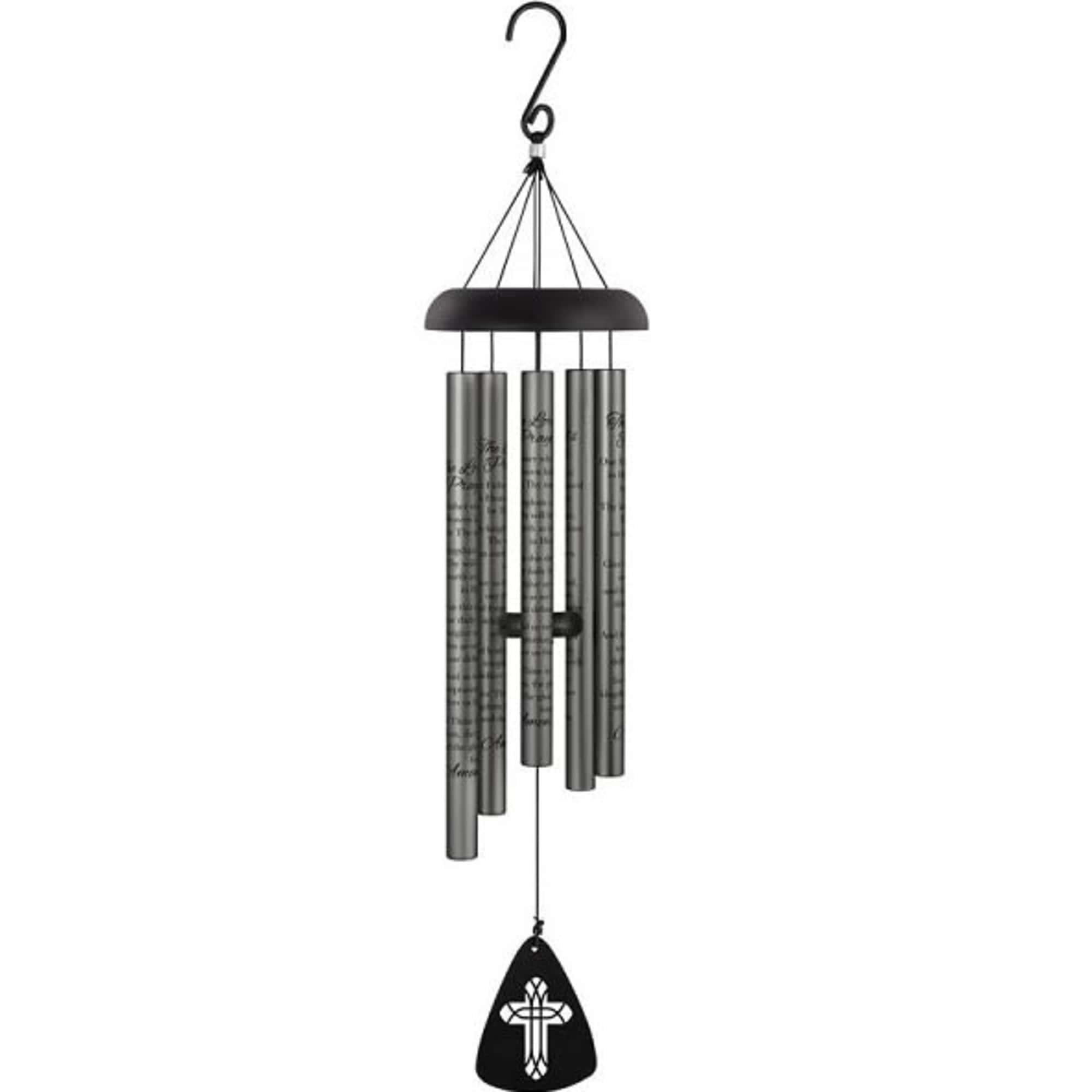 Black and silver metal wind chime with engraved tubes and a hanging cross motif sail.