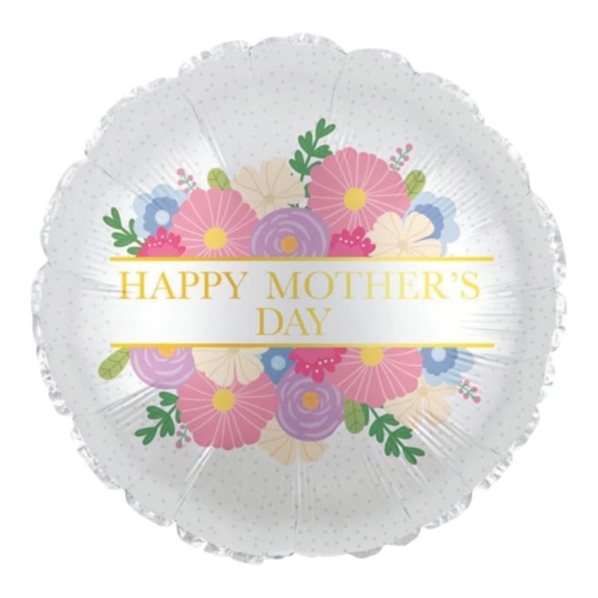 Round white Mother’s Day balloon with colorful floral illustration and gold text