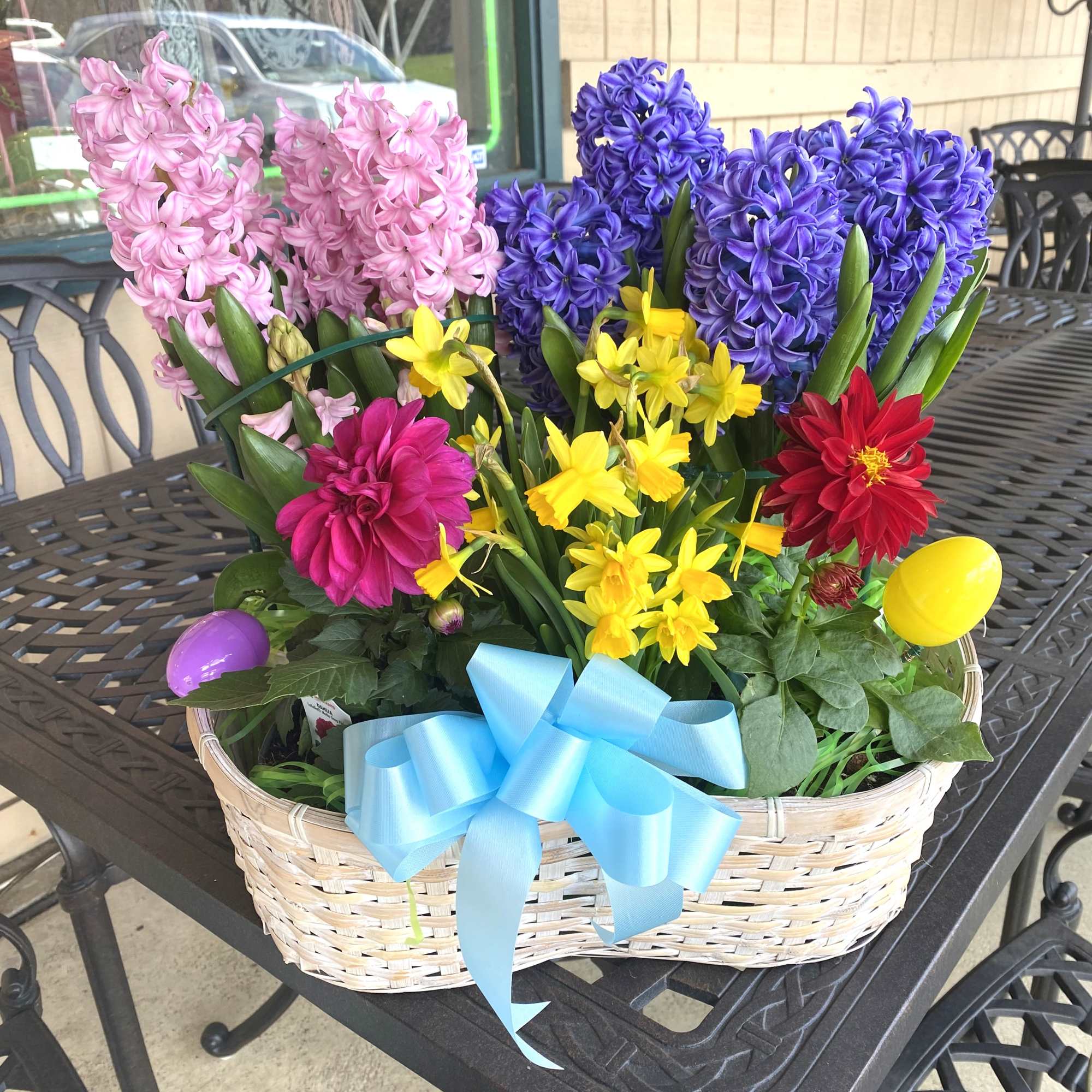Nice mix of spring bulb plants in a decorative basket or container.