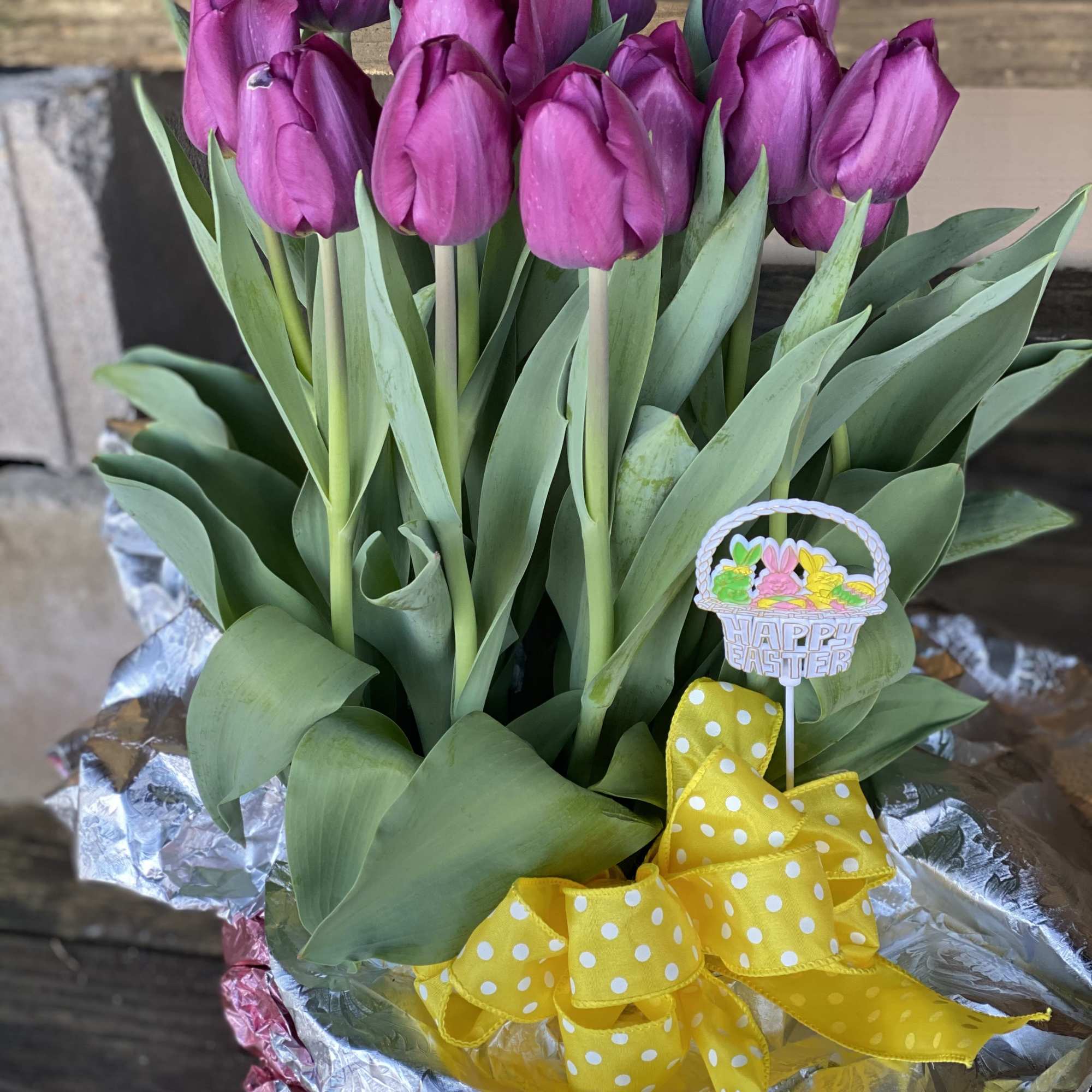 A large tulip plant dressed up for Easter! Colors vary!