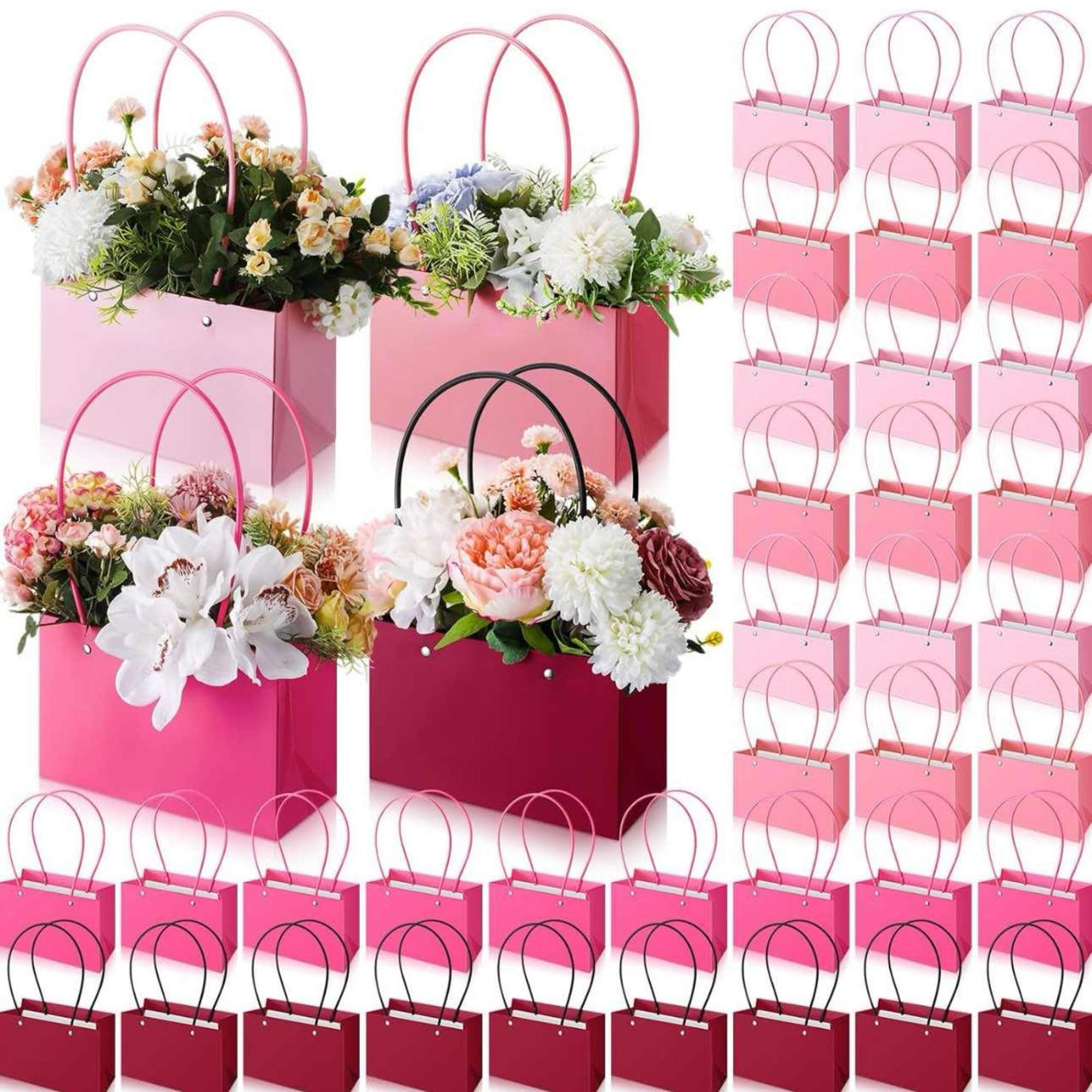 Set of pink and red rectangular gift bags, some filled with mixed white and pastel flowers.