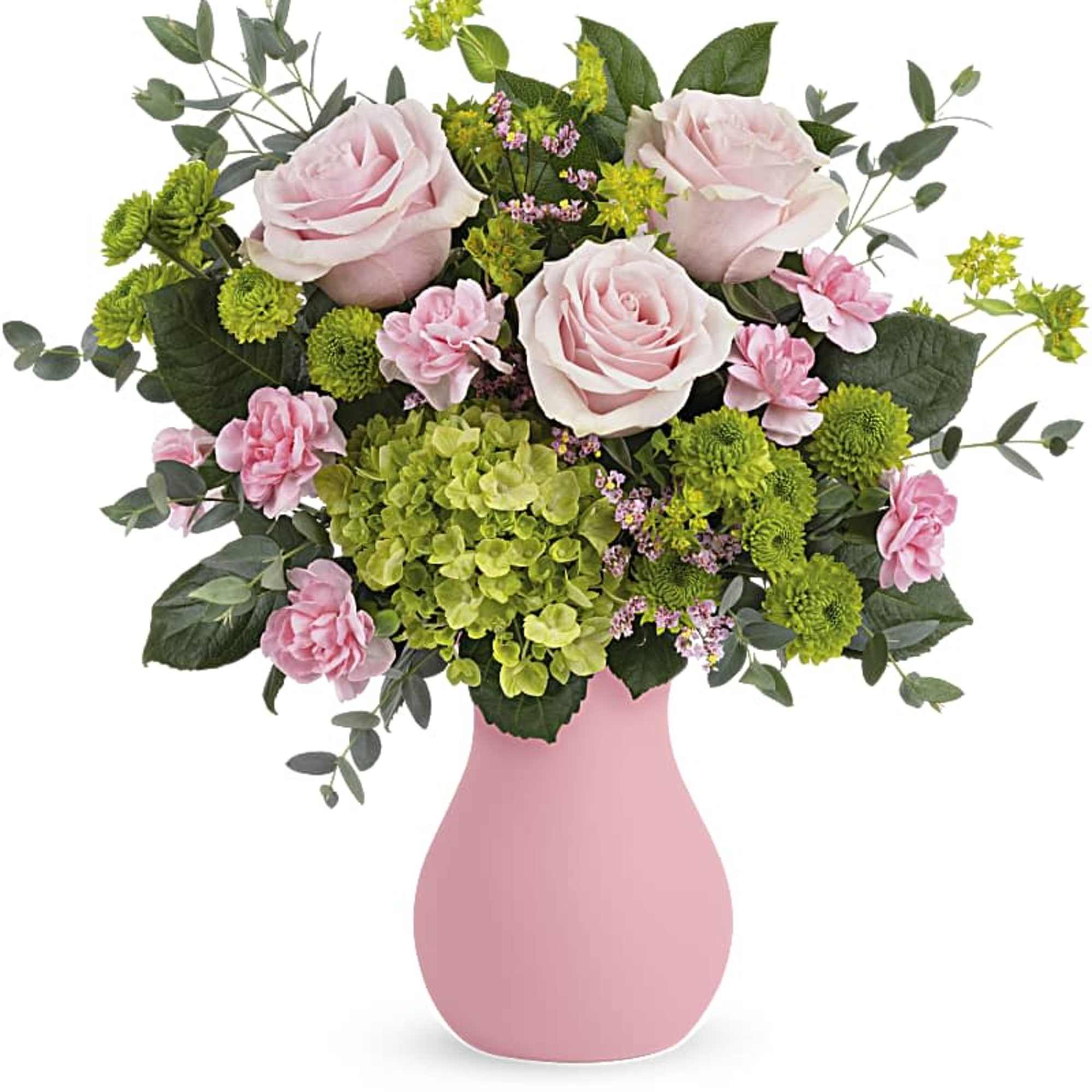 Pink roses, green hydrangea, and mixed pink and green blooms in a pink vase