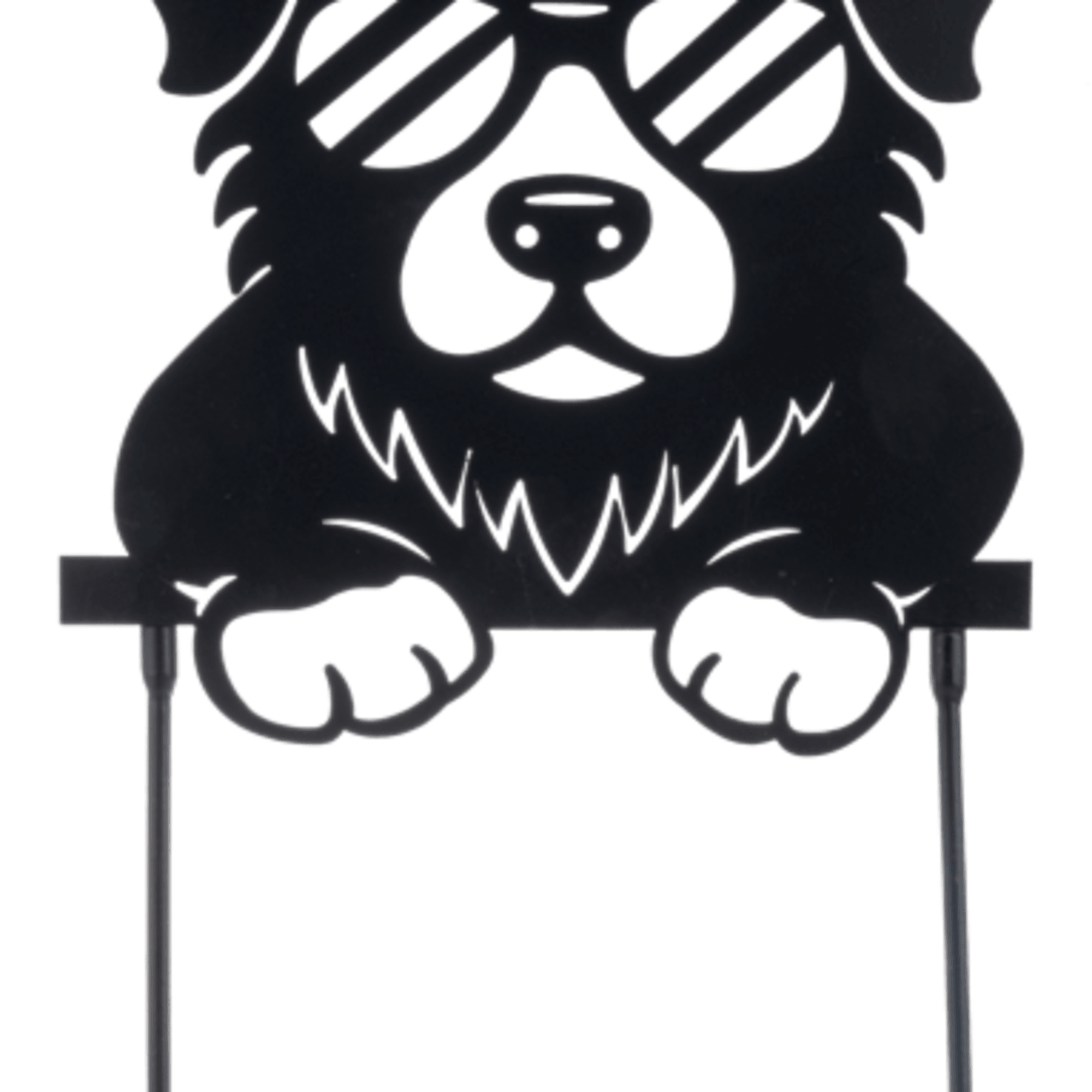 Black dog-shaped decorative pick with sunglasses and two stakes for floral or plant arrangements