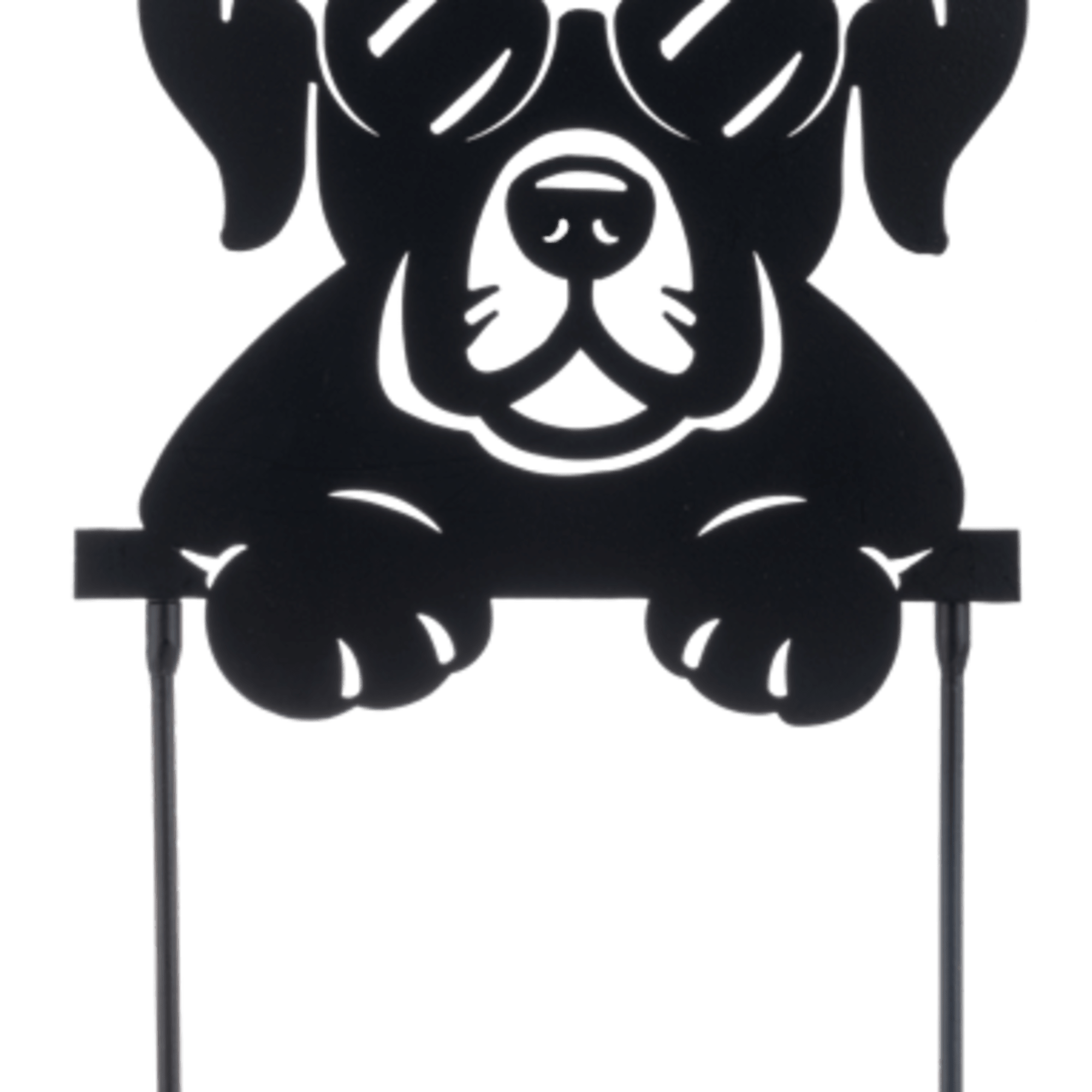 Black metal pick shaped like a dog wearing sunglasses