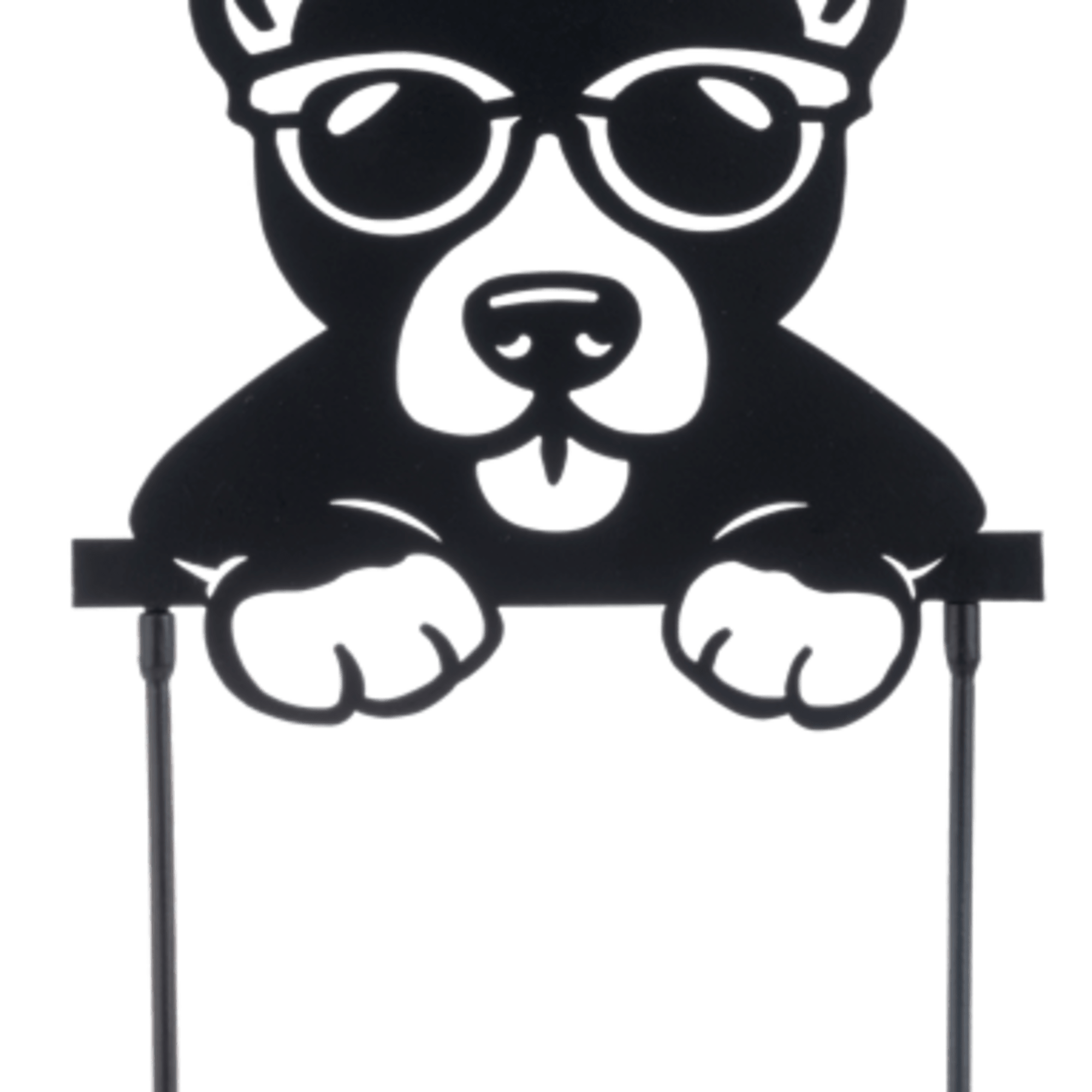 Black dog-shaped decorative pick with glasses and two stakes for inserting into an arrangement
