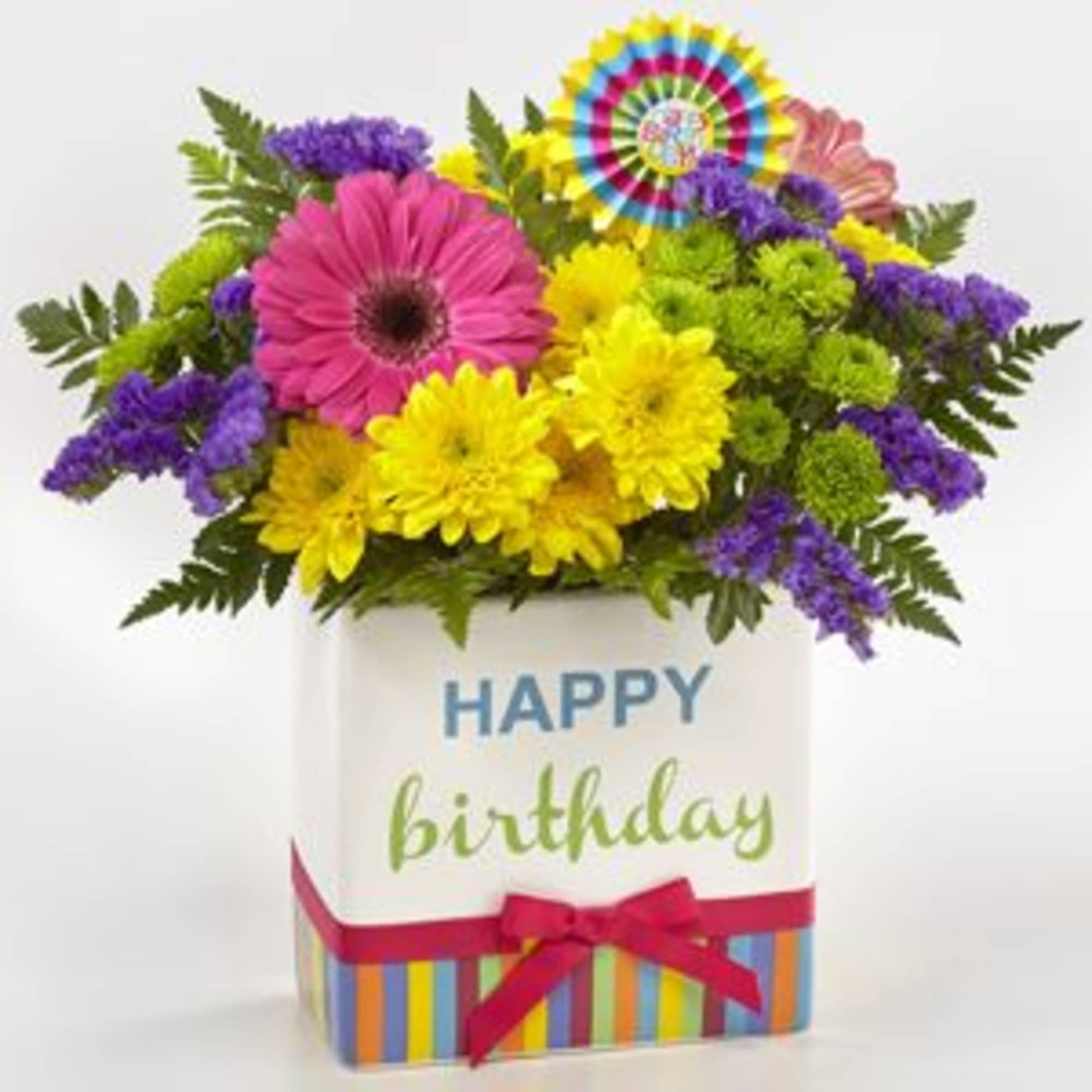 Bright, cheerful and unmistakably festive, this birthday bouquet puts bold color front