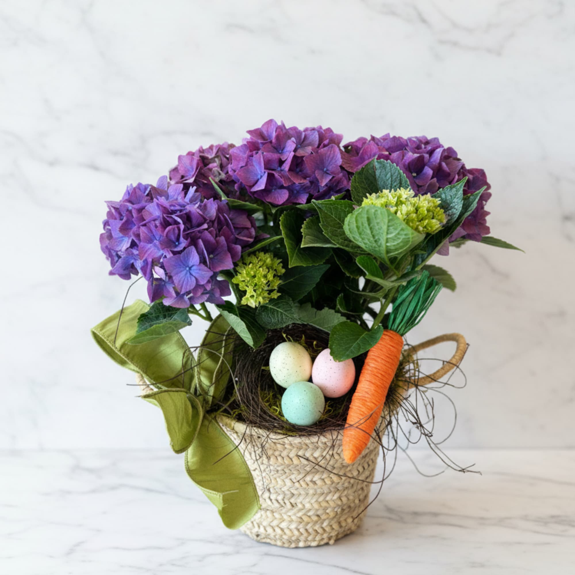 A cheerful nod to Easter, this lush hydrangea plant is tucked into
