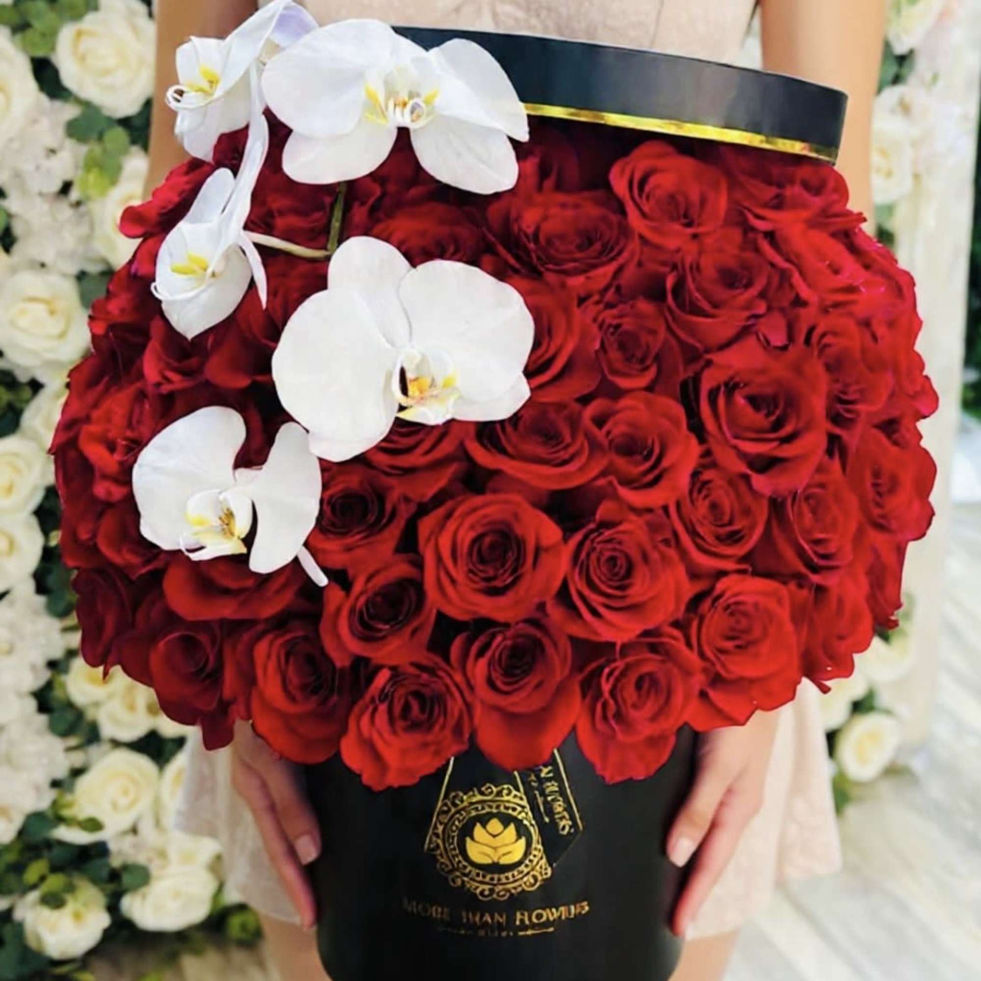 75 Roses in a our signature boxes accented with phalaenopsis orchids