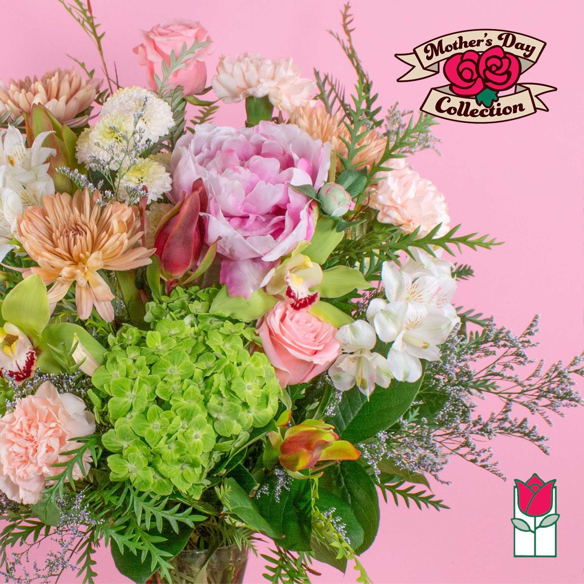 Mixed pastel bouquet with pink peony, green hydrangea, roses, and orchids in a clear vase