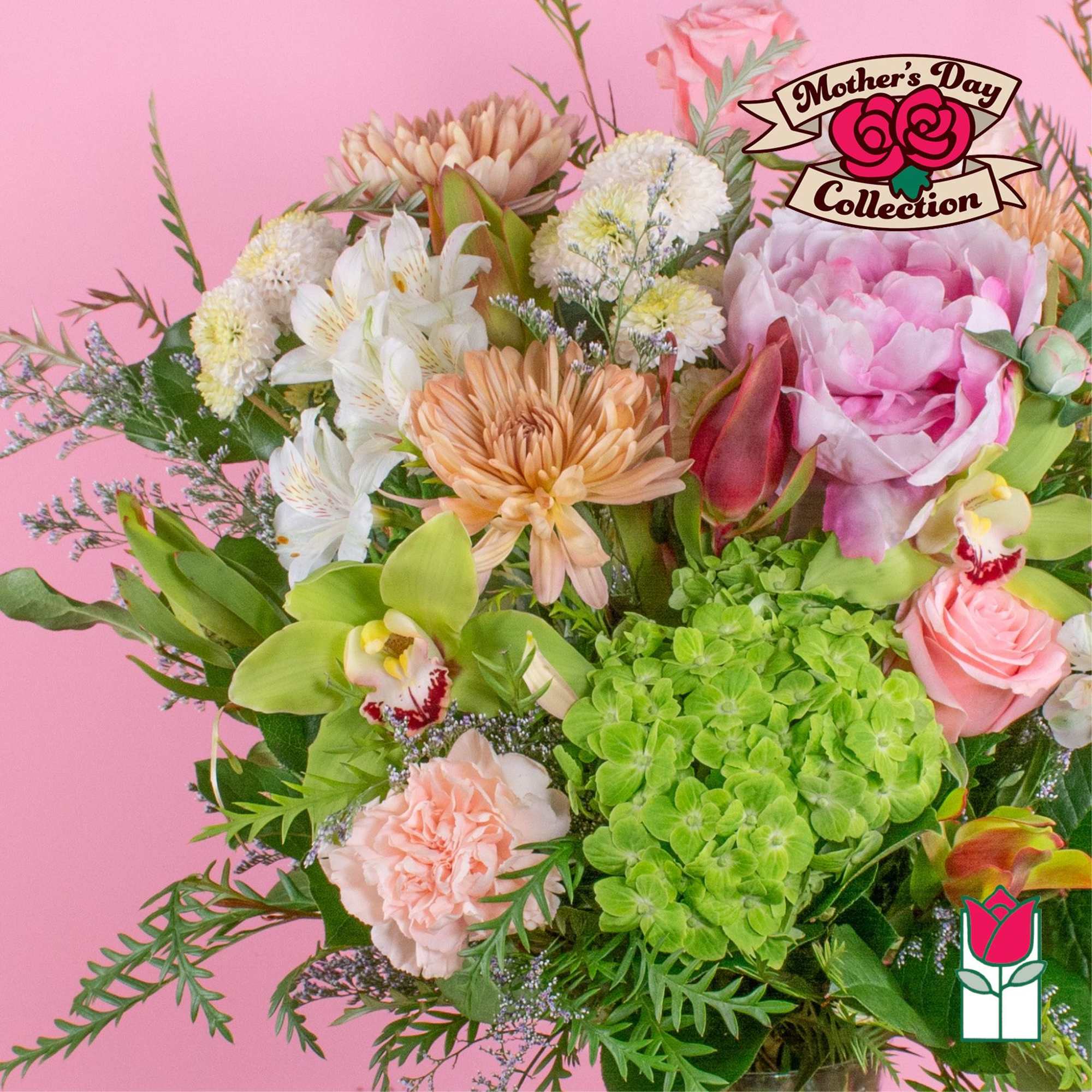 Mixed bouquet of pink, peach, white, and green flowers in a vase on a pink background