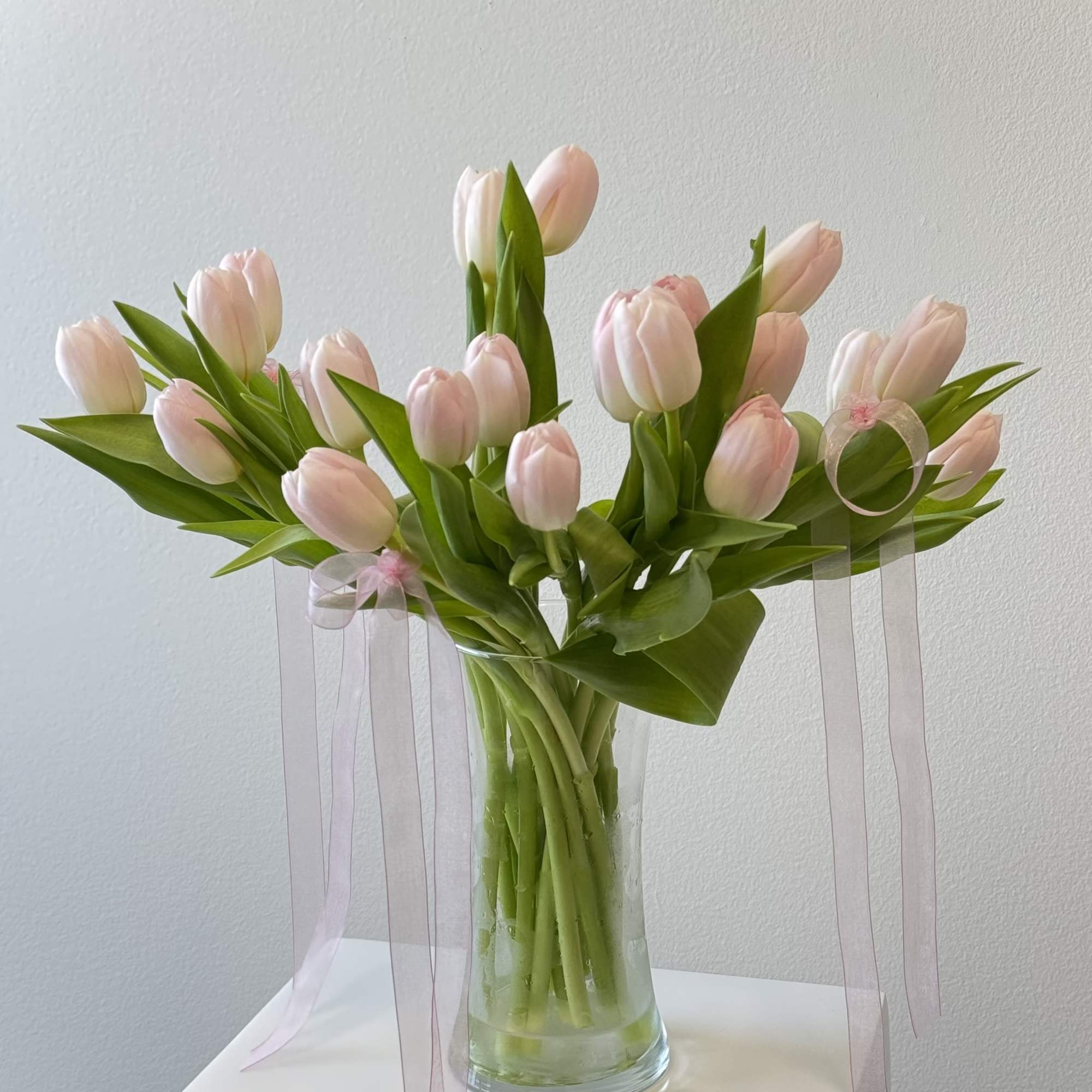 Arrangement of pale pink tulips in a clear glass vase with long sheer pink ribbons