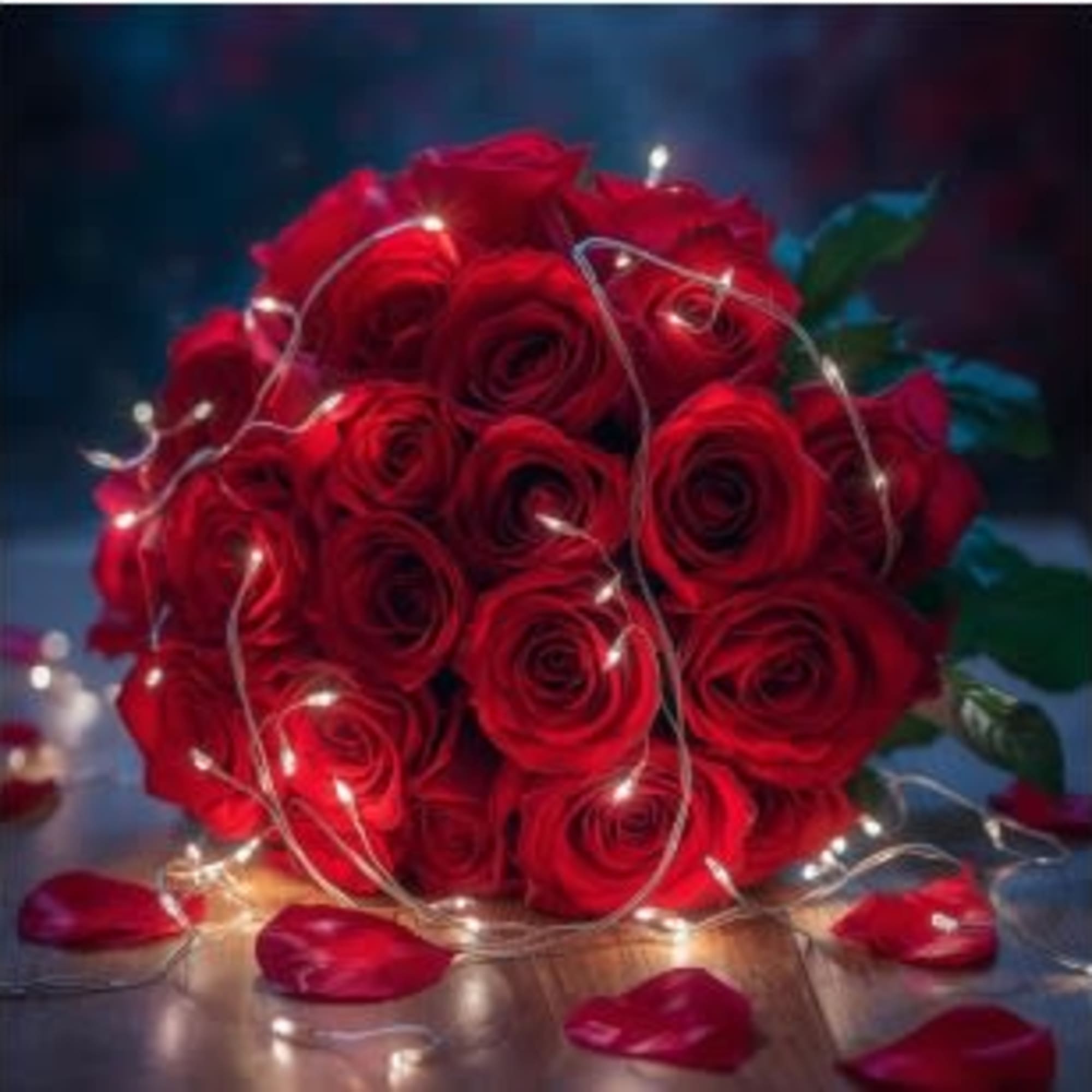 Round bouquet of red roses wrapped in string lights with scattered rose petals.