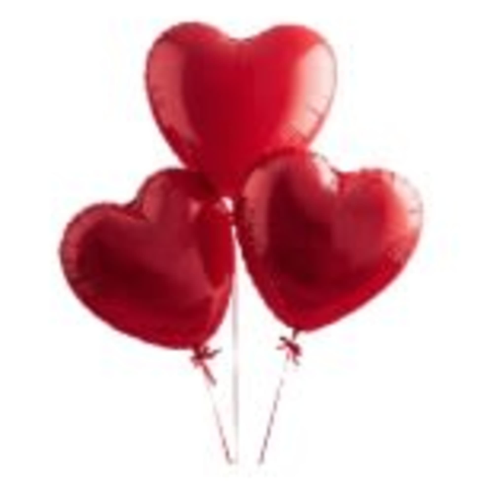 Cluster of three red heart-shaped balloons on strings