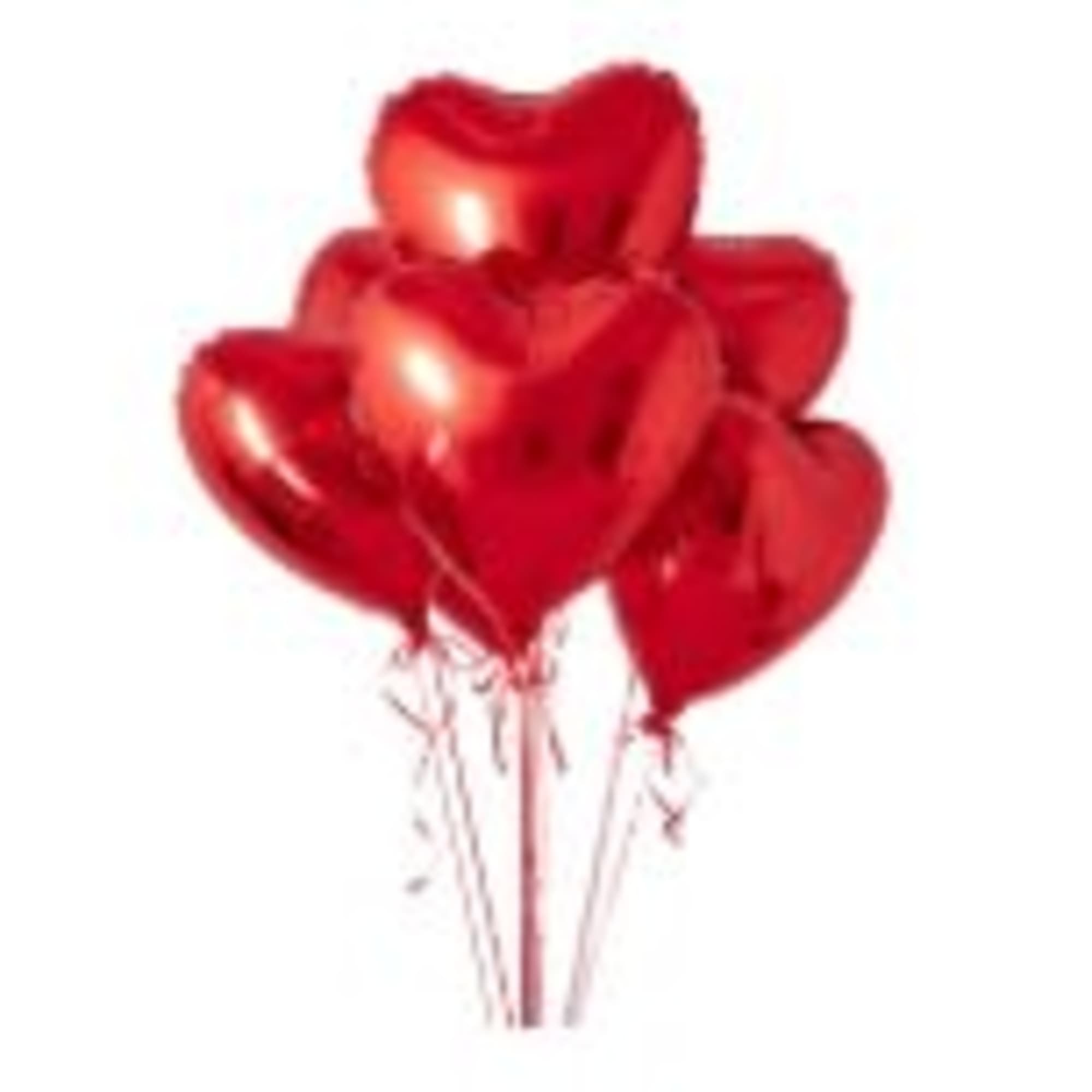 Cluster of red heart-shaped foil balloons with curling ribbons.