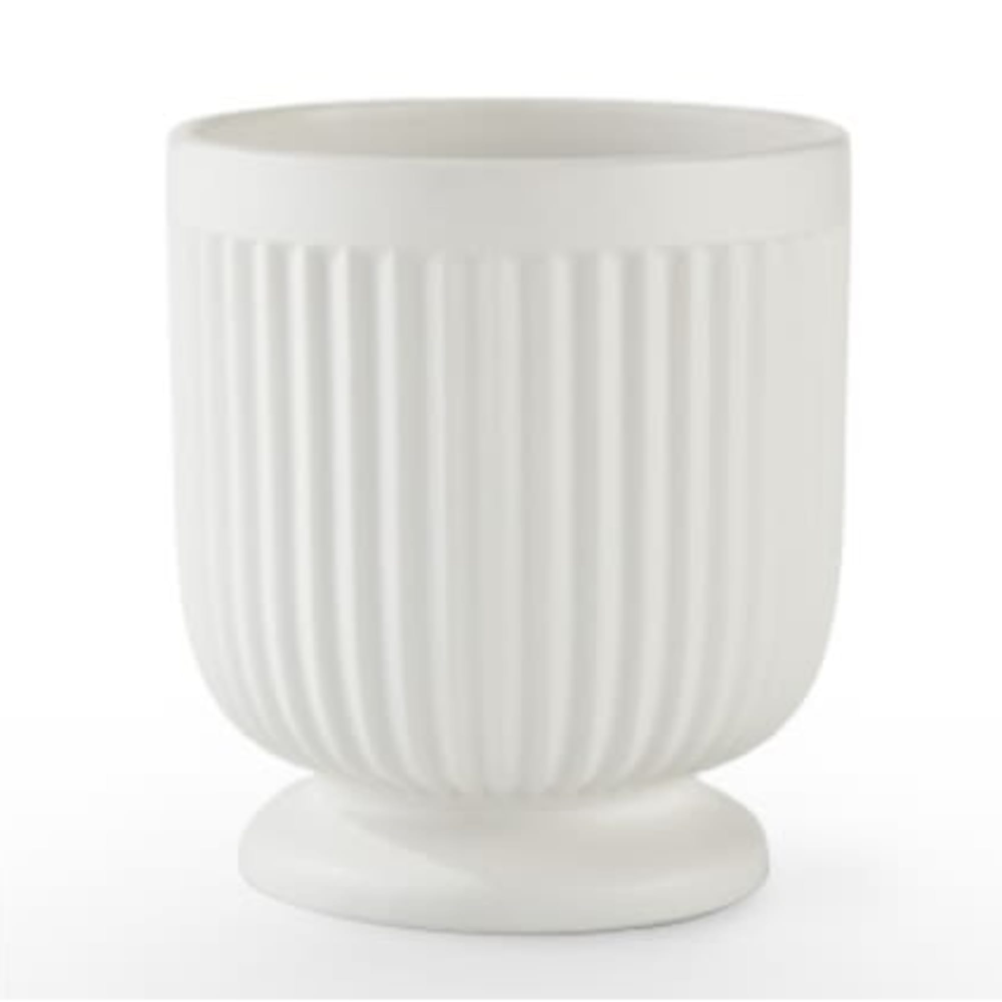 White ribbed ceramic pedestal vase