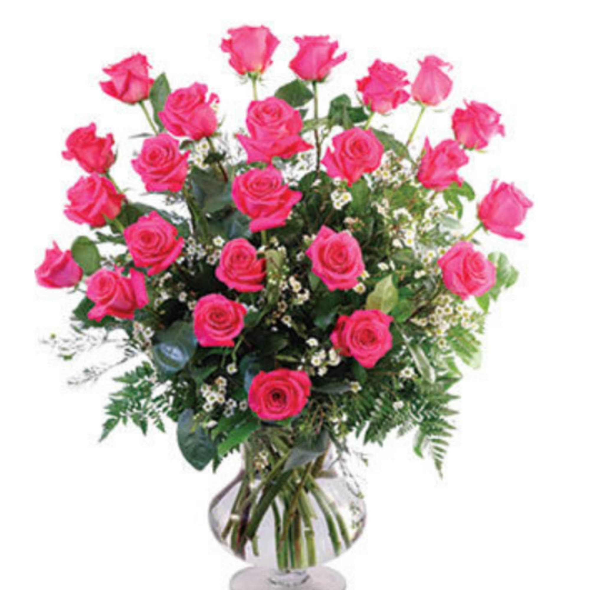 A tall fan of vivid pink roses creates an immediate romantic statement-the