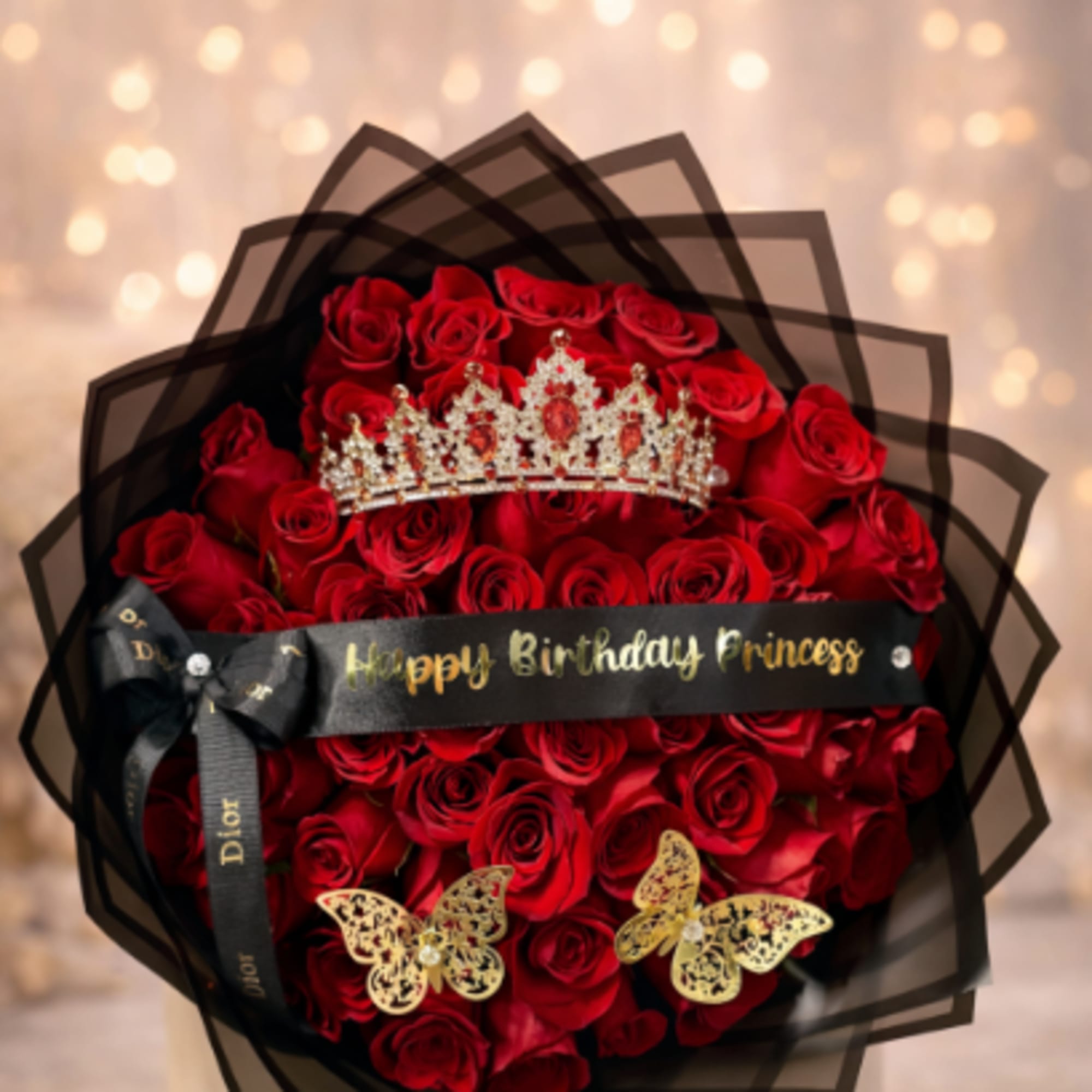 A dense dome of velvety red roses crowns this birthday bouquet, arranged