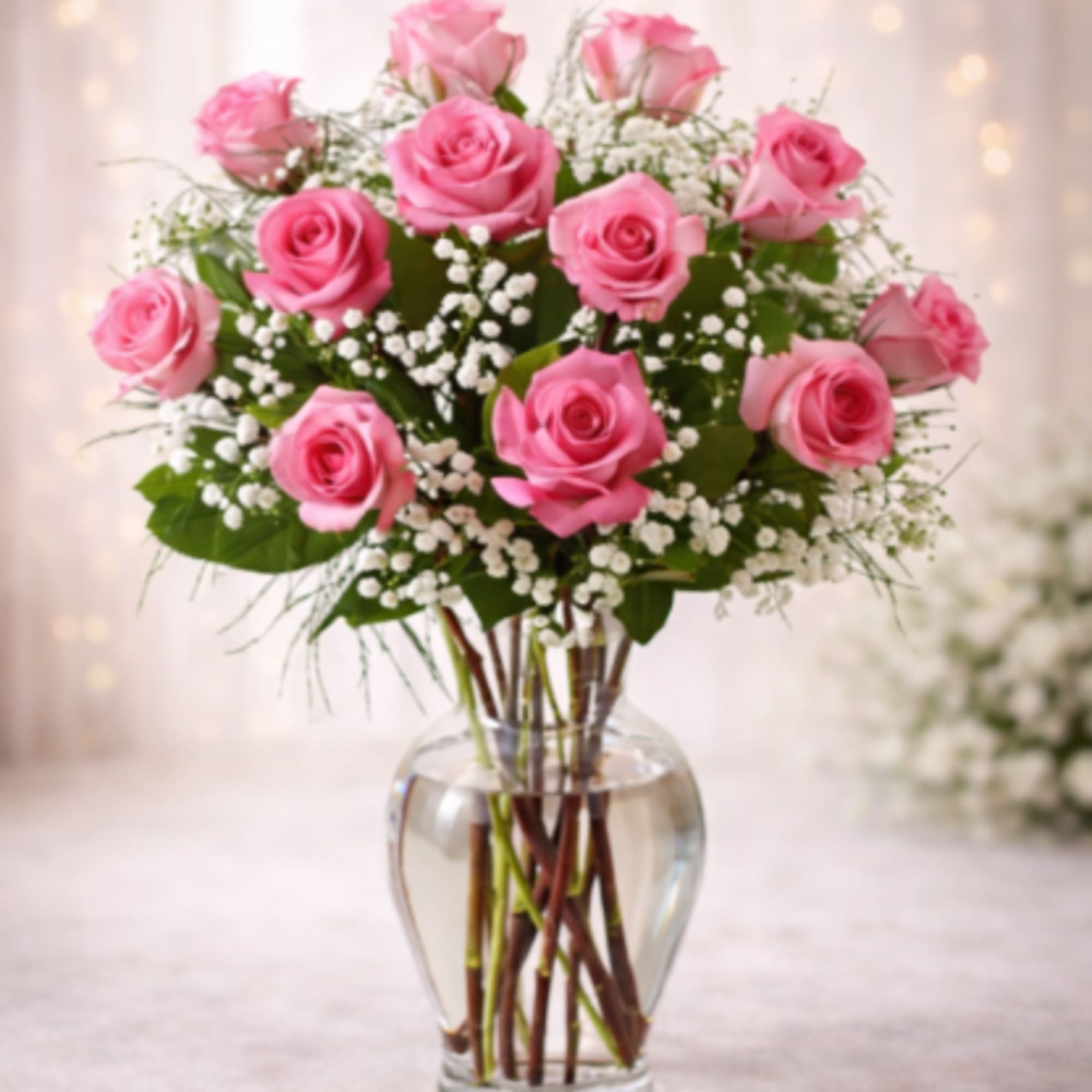 A dozen-plus medium pink roses gathered in a rounded, classic shape create
