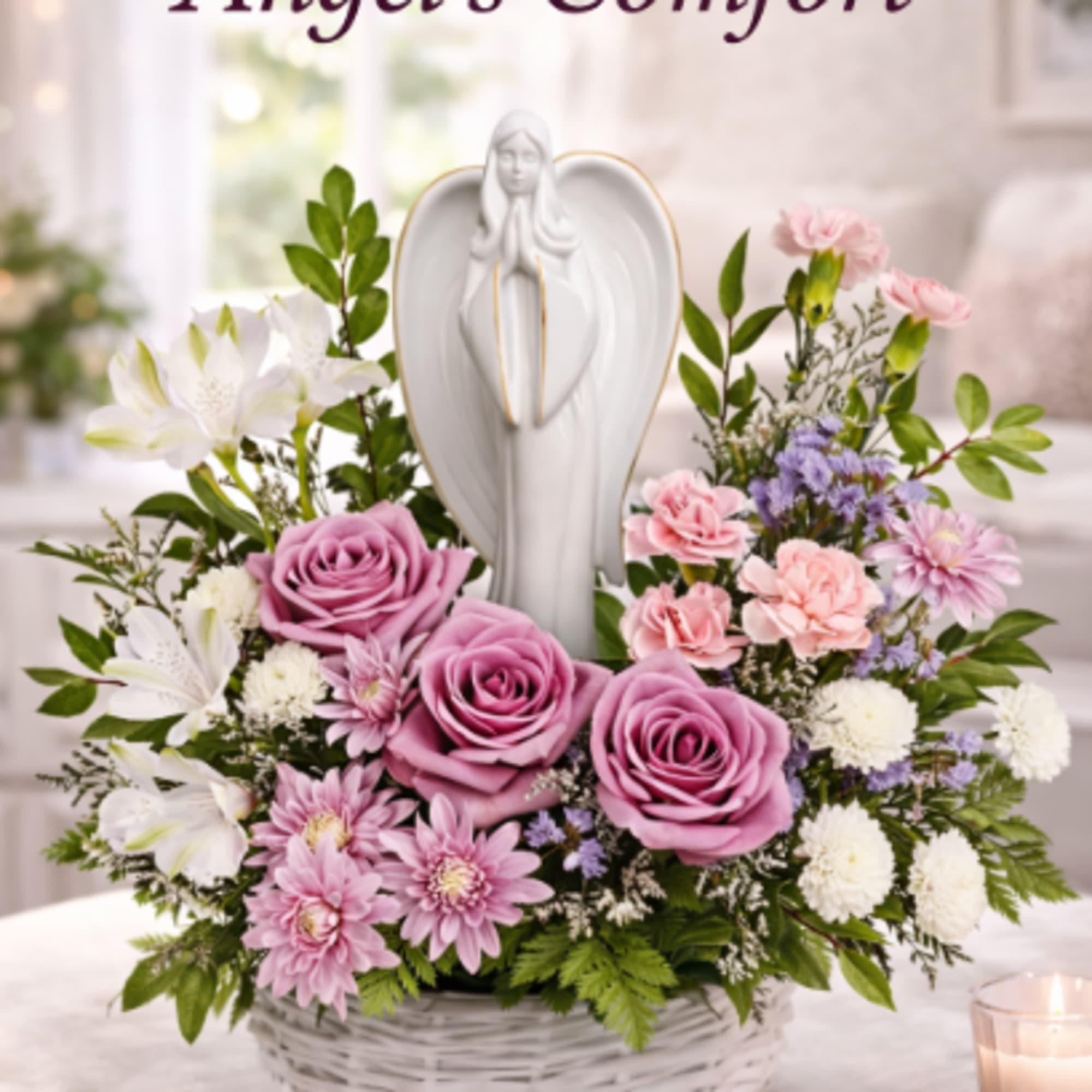 A white ceramic angel rises gently from the center of a low