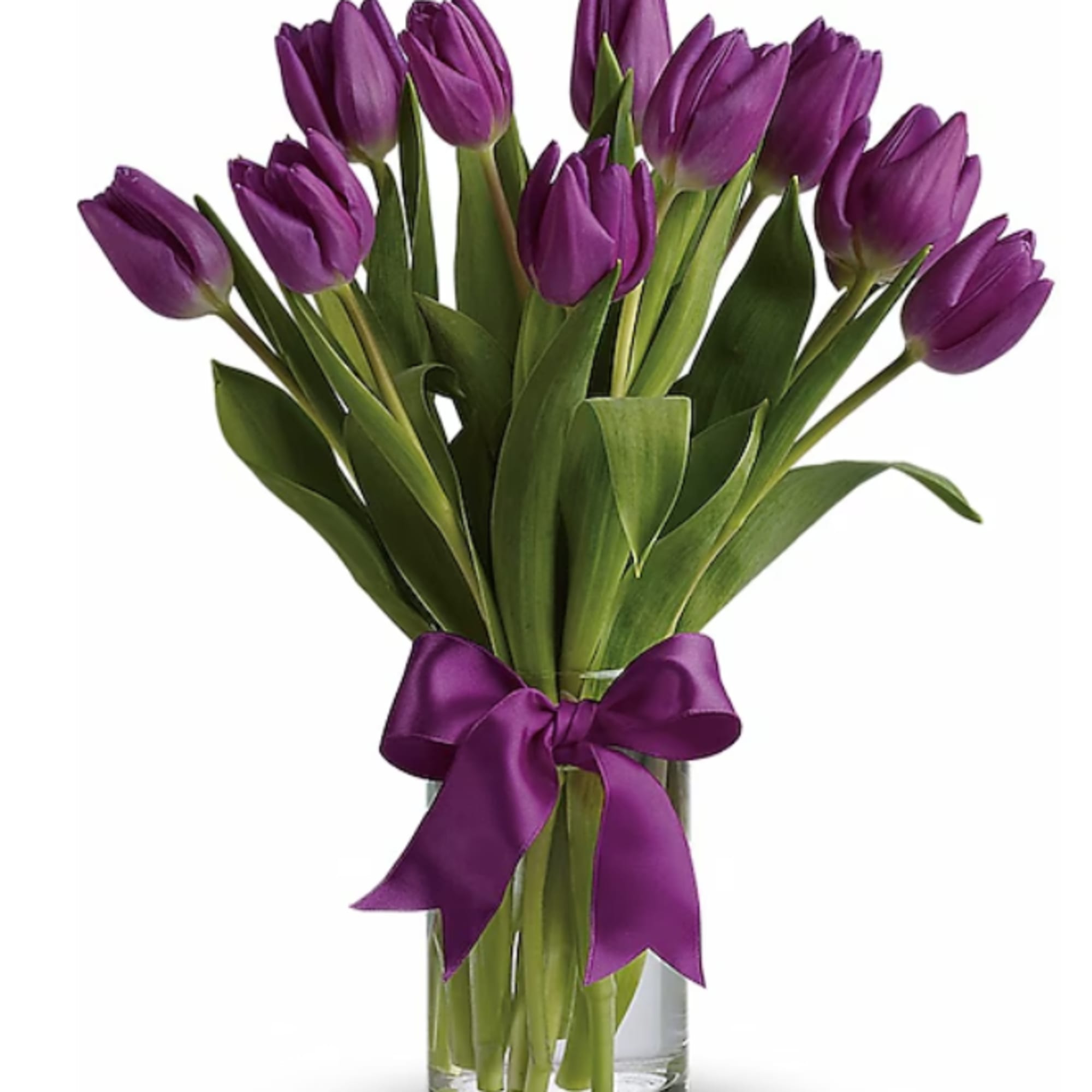 Arrangement of purple tulips in a clear glass vase with a matching purple ribbon bow.