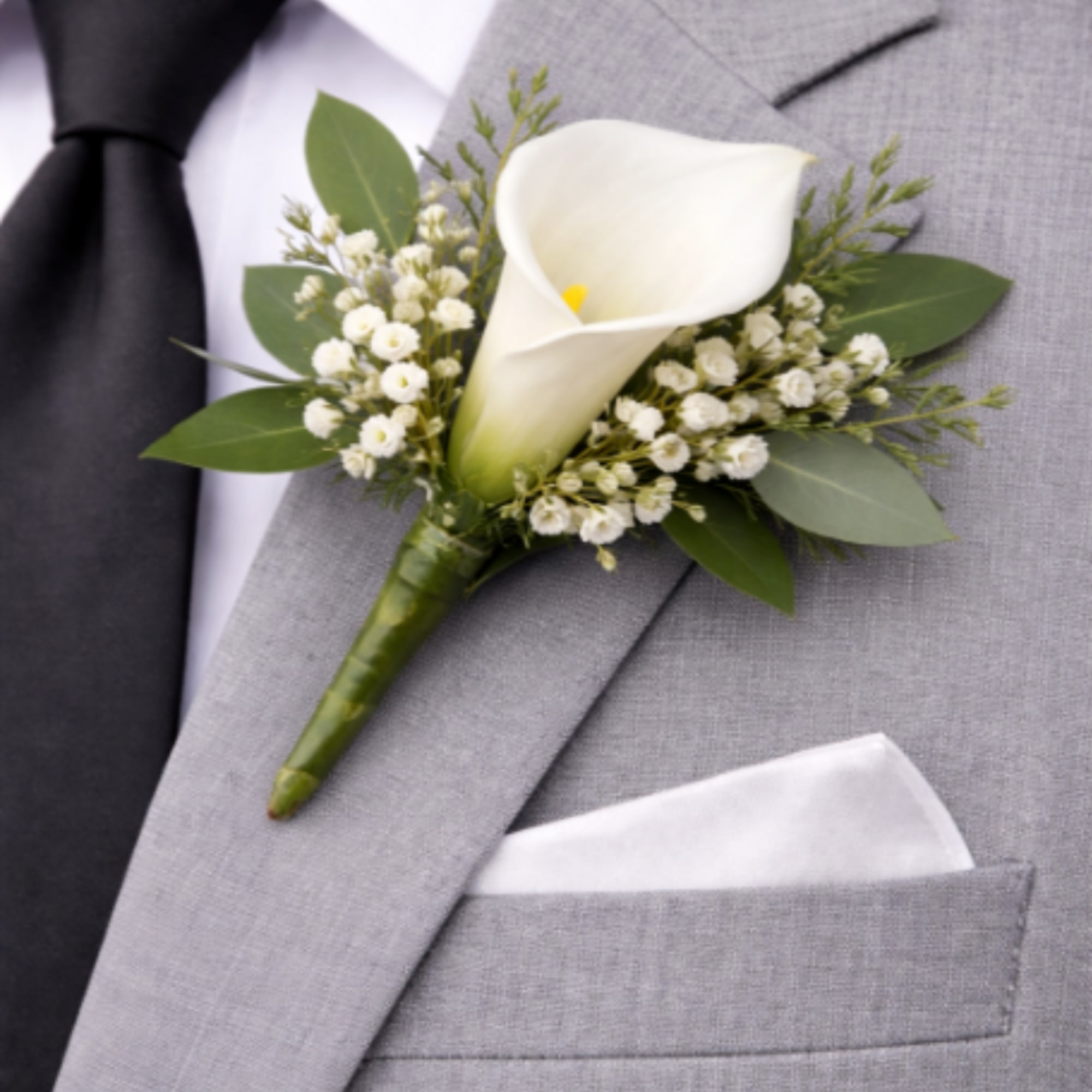 White calla lily and small white accent flowers boutonniere on a light gray suit jacket.