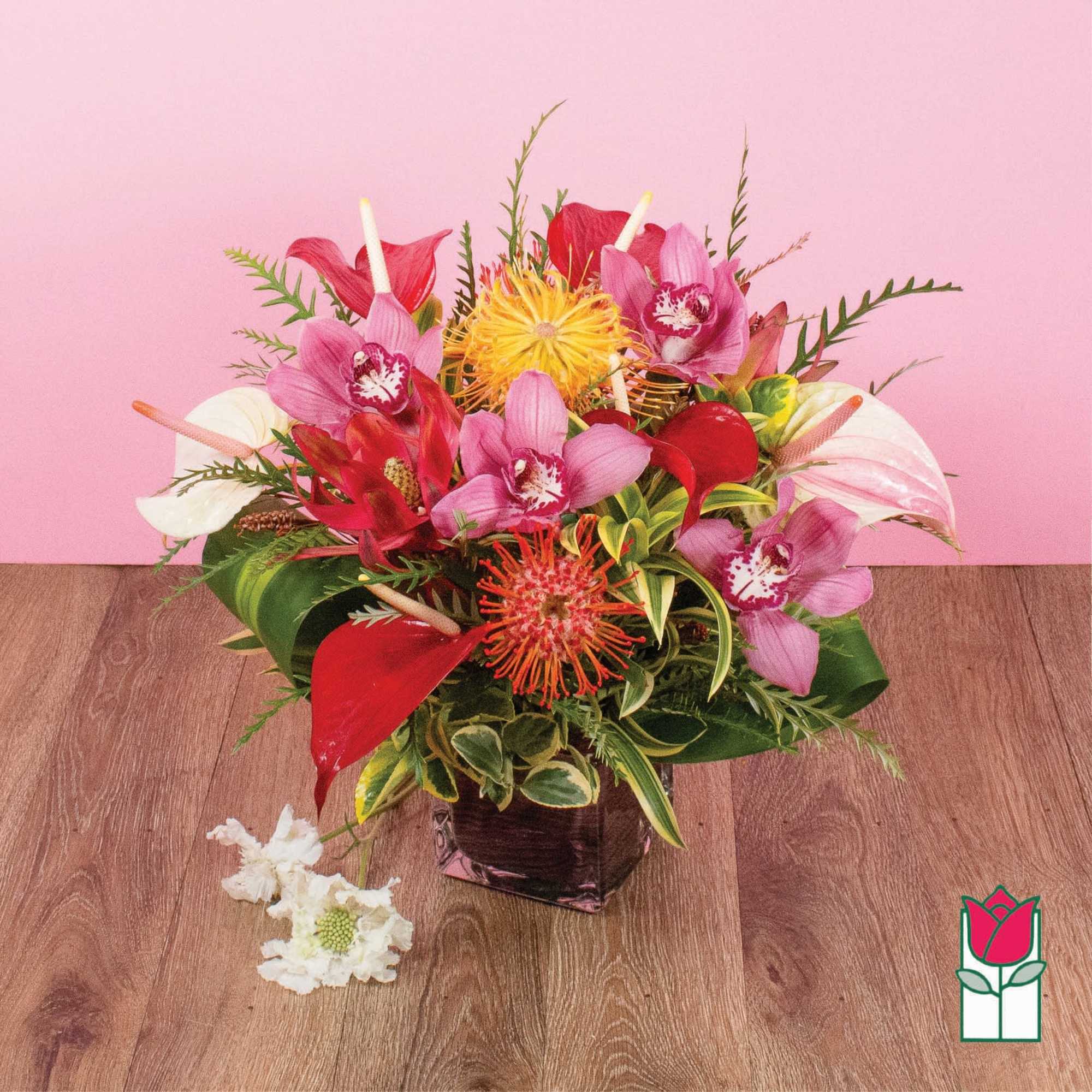 Tropical arrangement with pink orchids, red anthuriums, and orange pincushion protea in a square glass vase