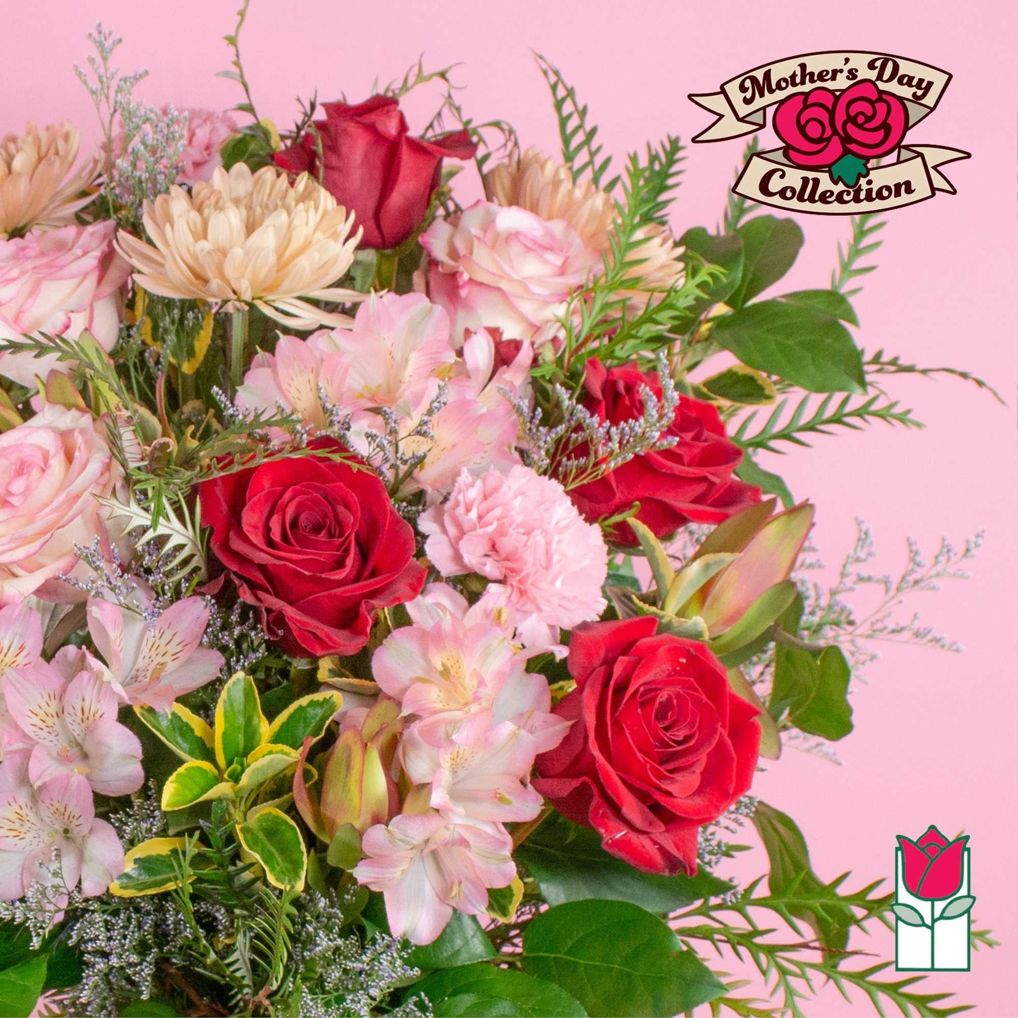 Mixed bouquet of red roses, pink carnations, alstroemeria, and peach blooms on a pink background