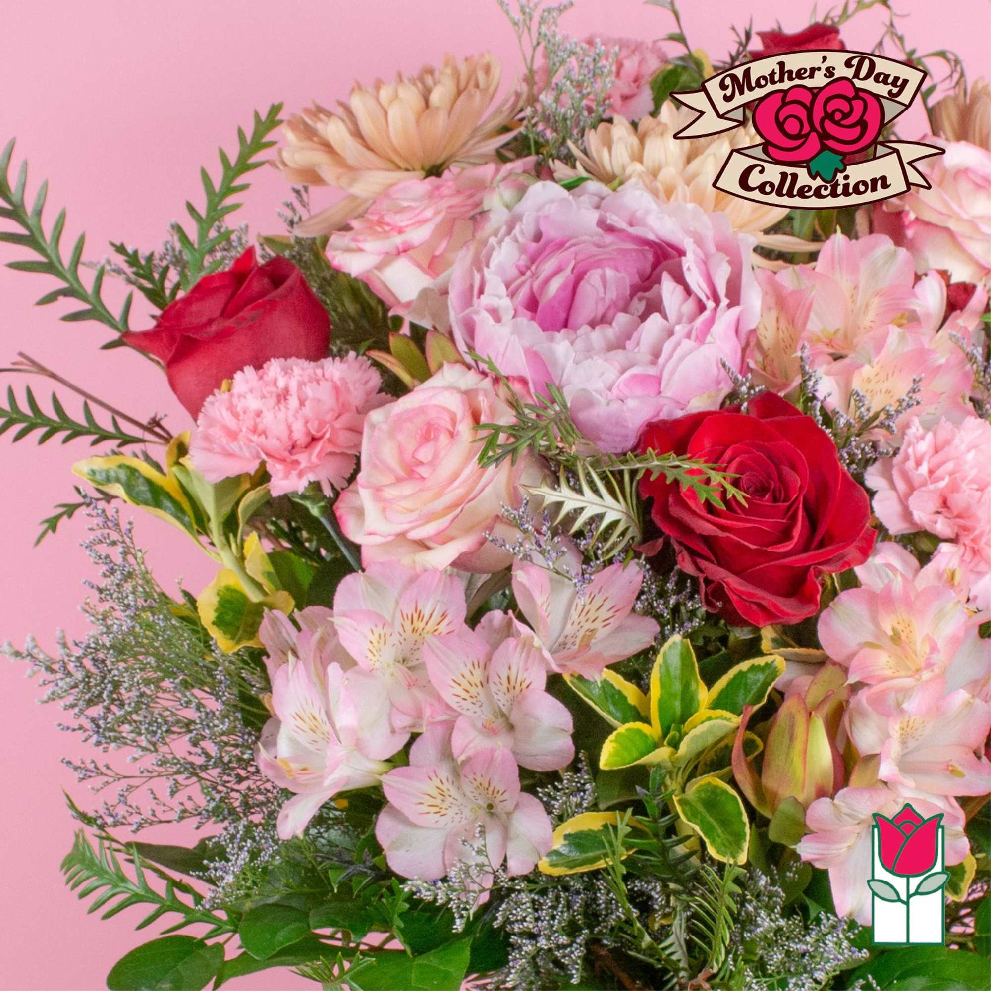 Mixed bouquet of pink peonies, roses, carnations, and alstroemeria on a pink background