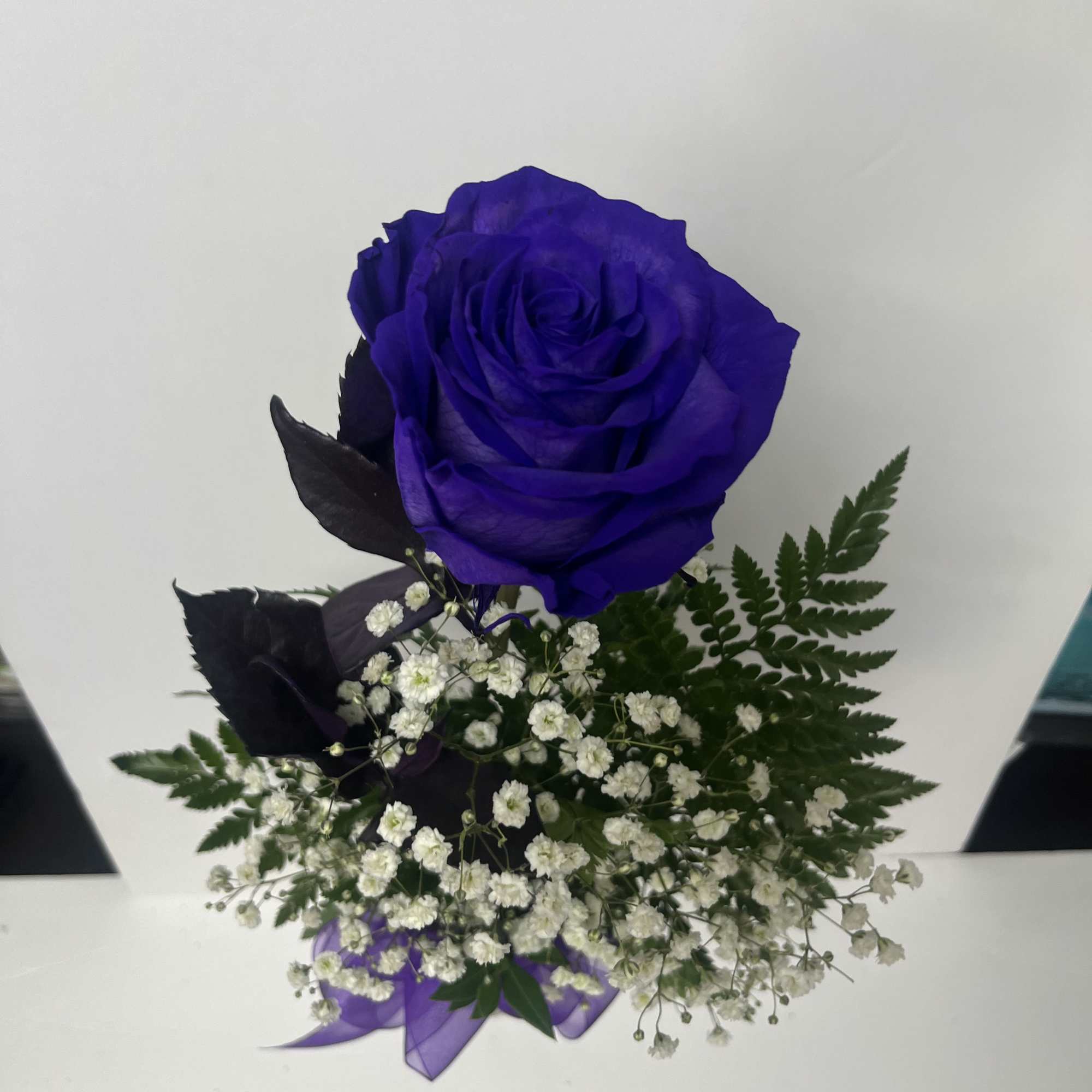 Single purple rose with white filler flowers and a purple ribbon accent