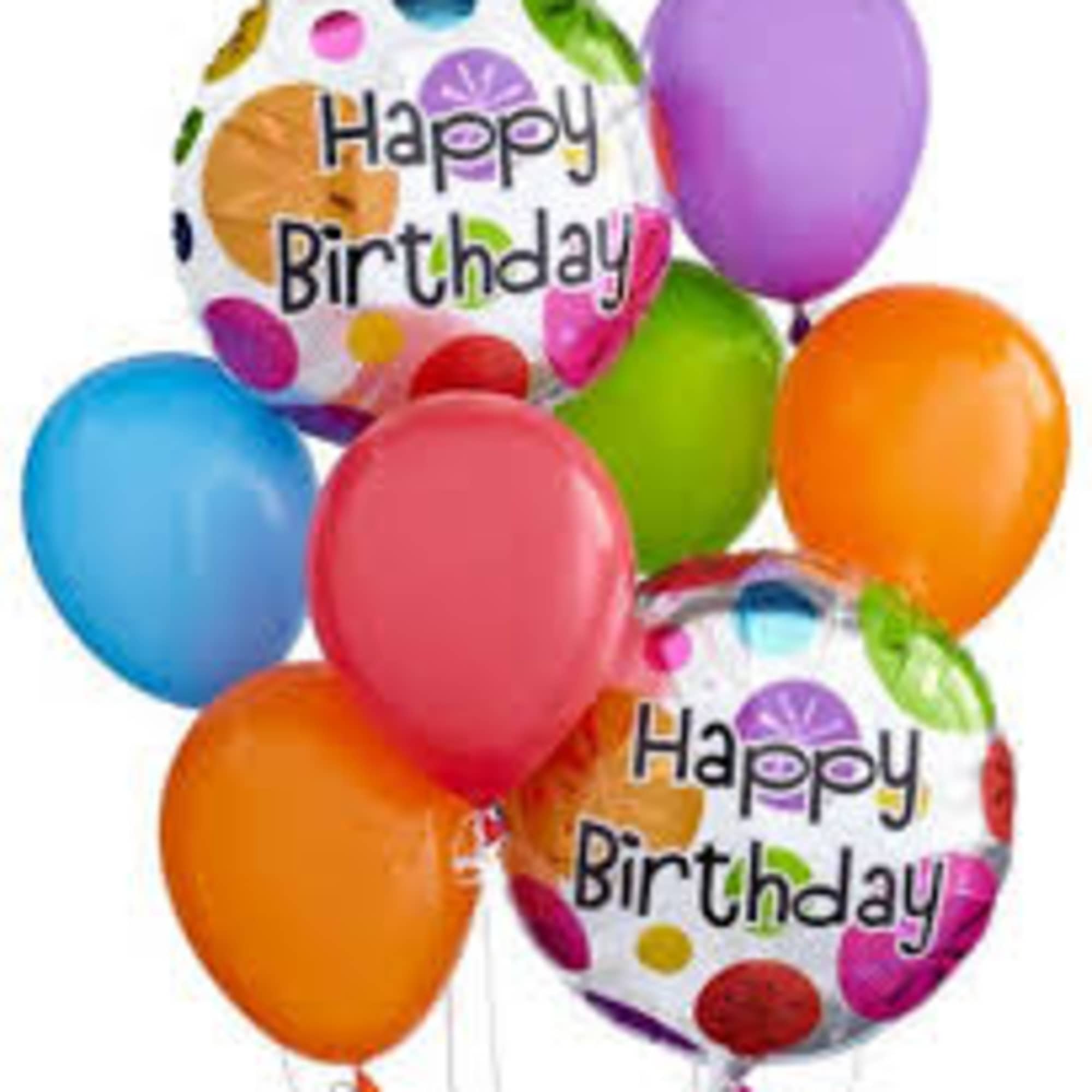 Bundle of colorful latex balloons with two round “Happy Birthday” mylar balloons