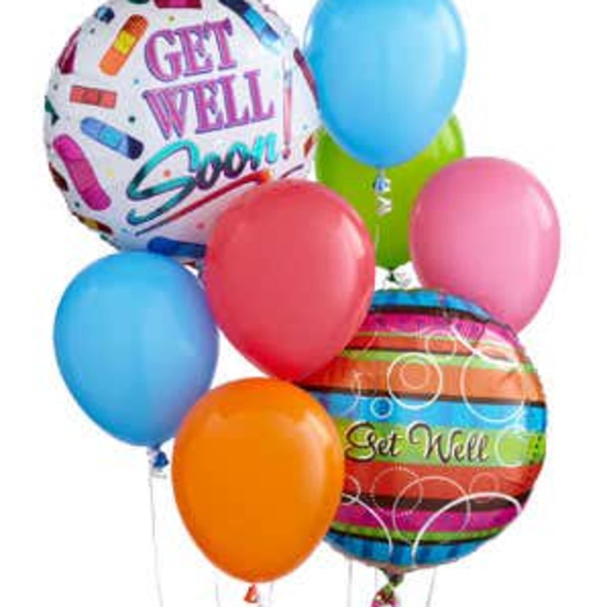 Bouquet of colorful latex balloons with Get Well Soon mylar balloons