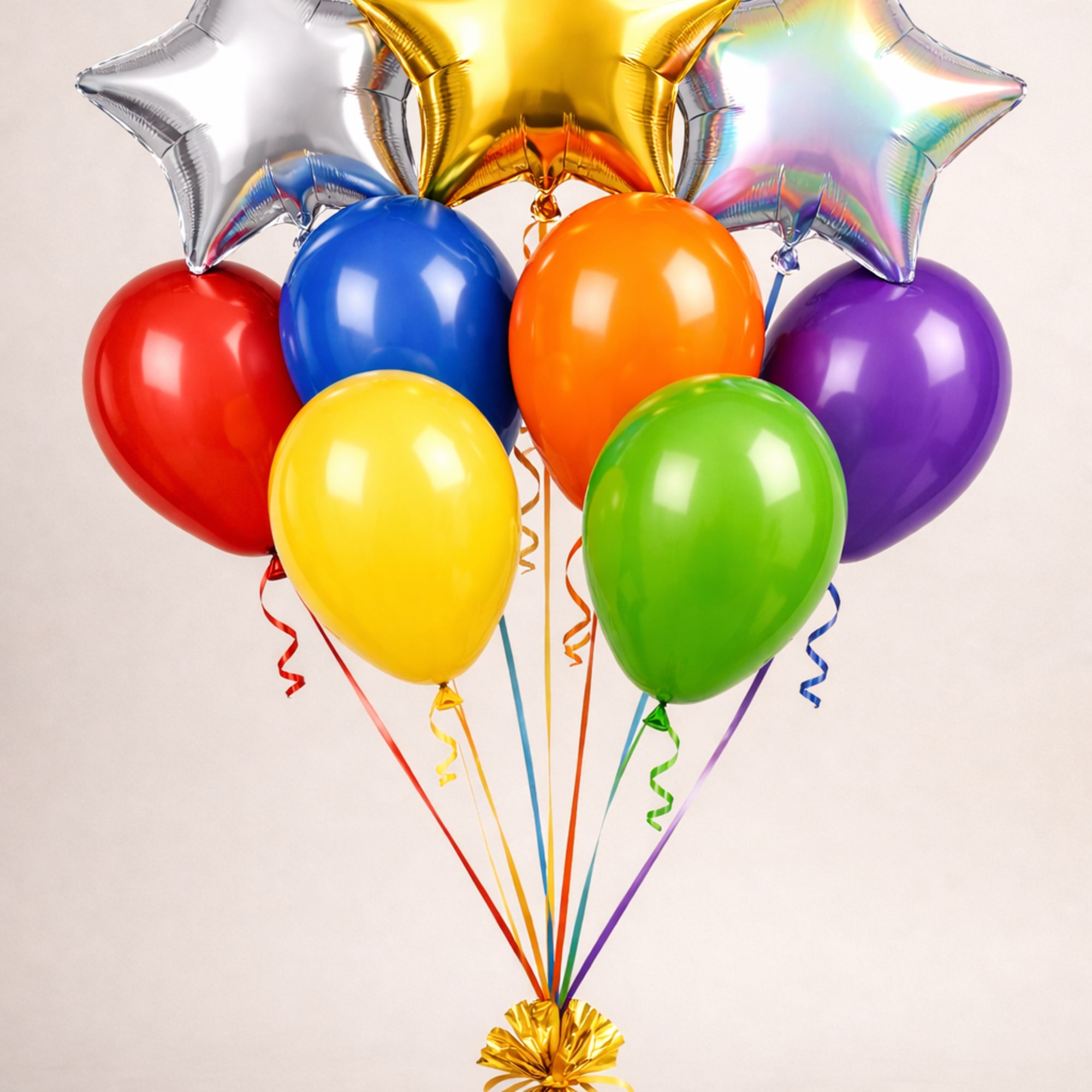 Cluster of colorful latex and star-shaped foil balloons tied to a gold weight