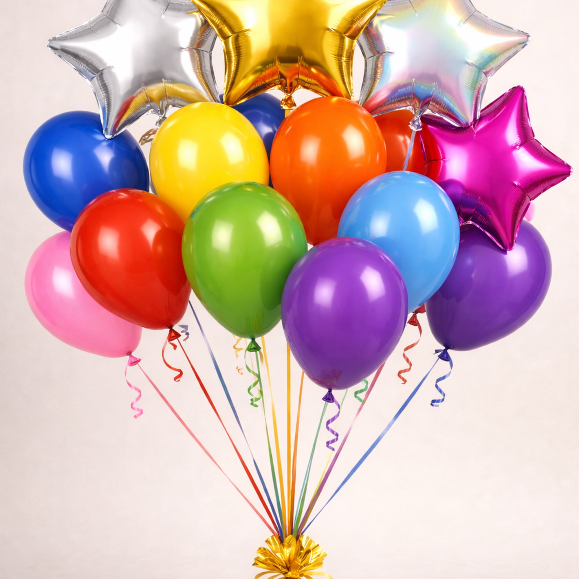 Arrangement of colorful round and star-shaped balloons tied to a gold foil balloon weight