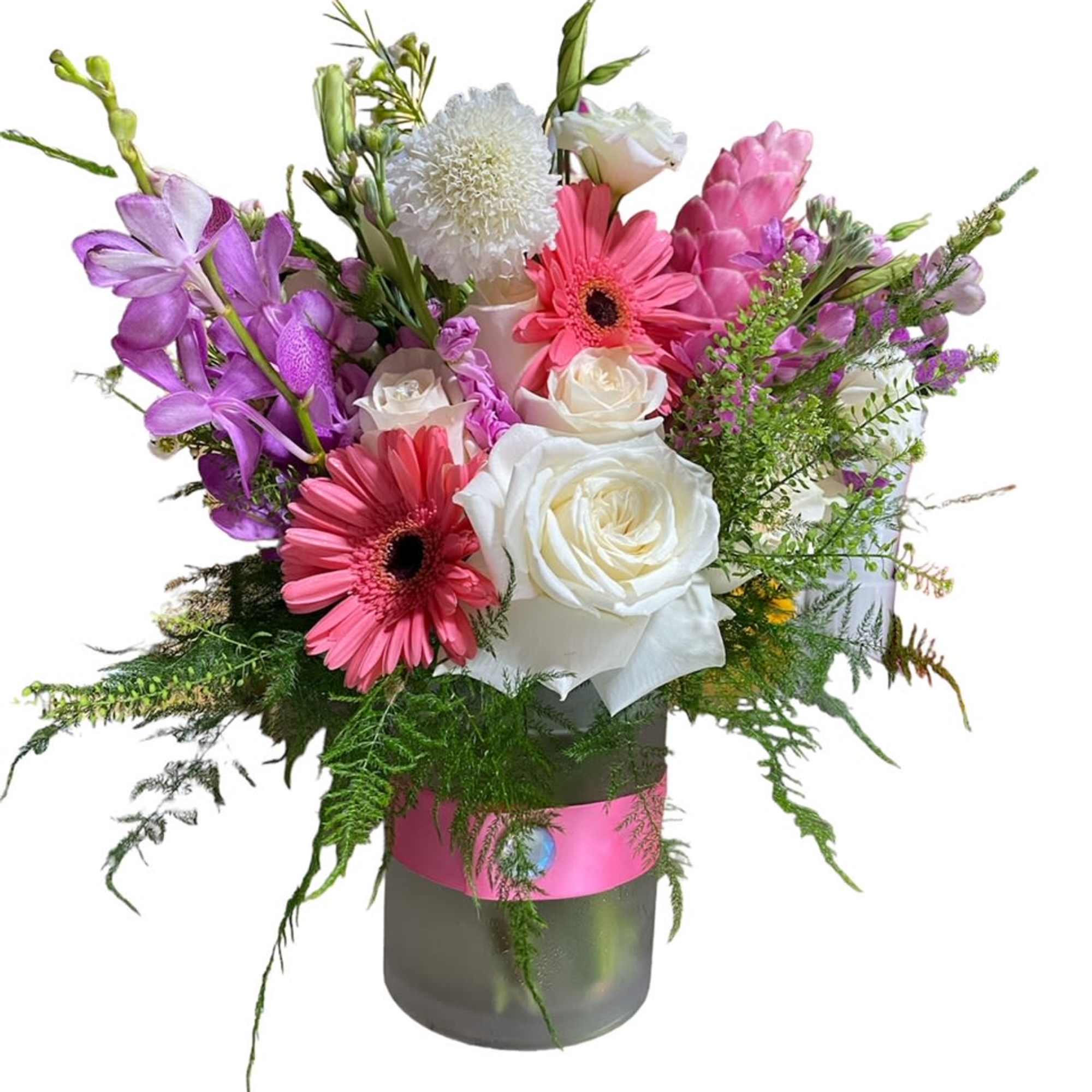 This arrangement contains spray roses, roses, whimsical snapdragons, stock some orchid's and