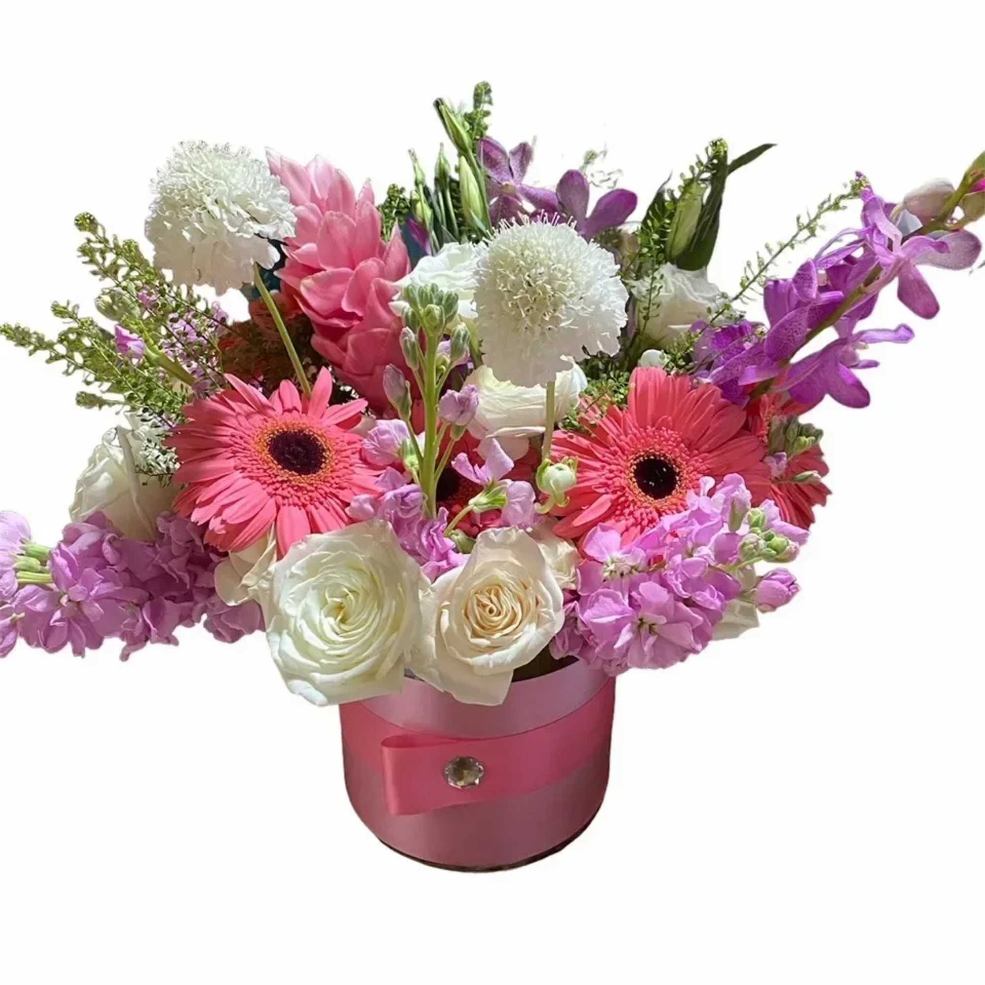This arrangement contains spray roses, roses, whimsical snapdragons, stock some orchid's and
